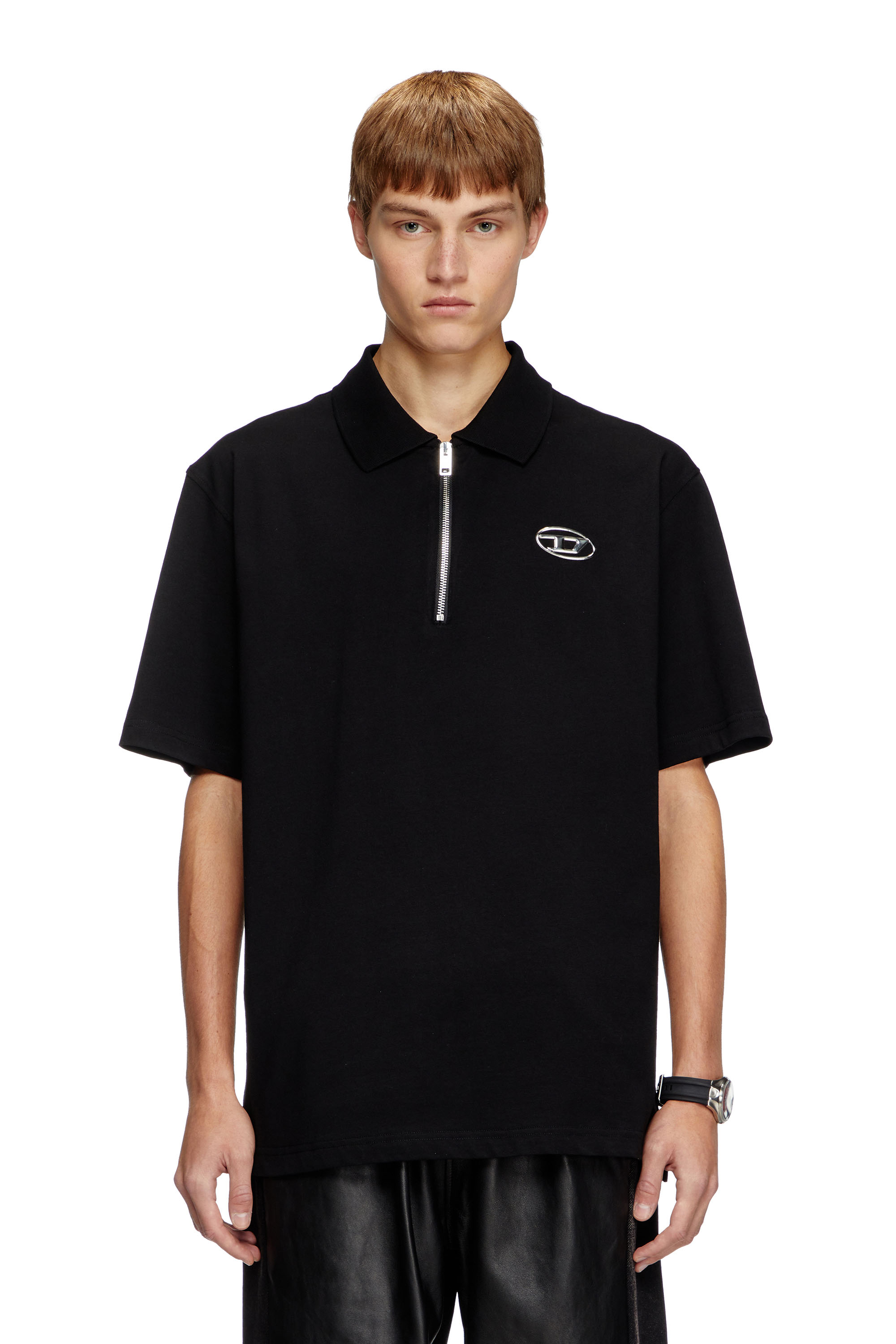 Diesel - T-VOR-OD, Zip front polo shirt with laser cut Oval D Homme in Noir - 1