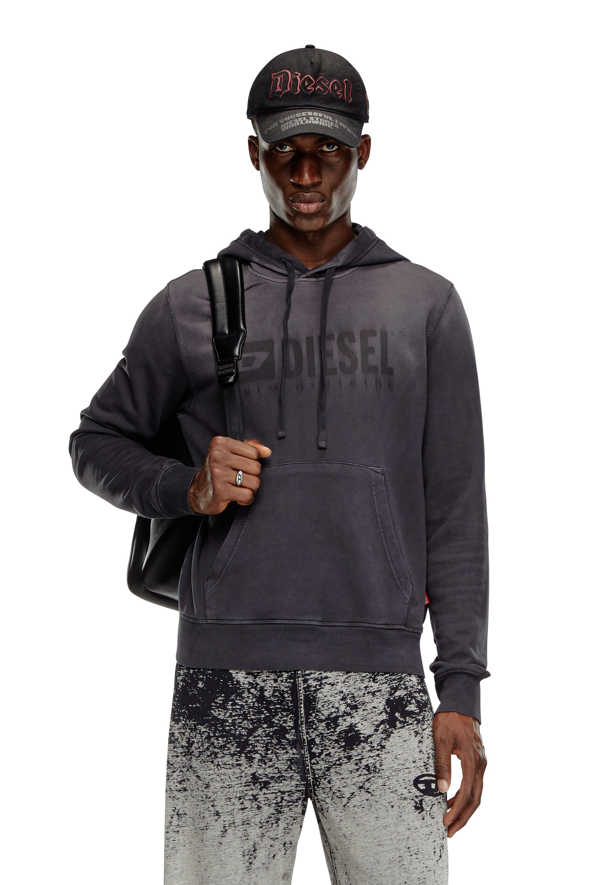 Diesel - S-GINN-HOOD-K44, Homme Sweat-shirt à capuche délavé avec logo Denim Division in Noir - Image 1