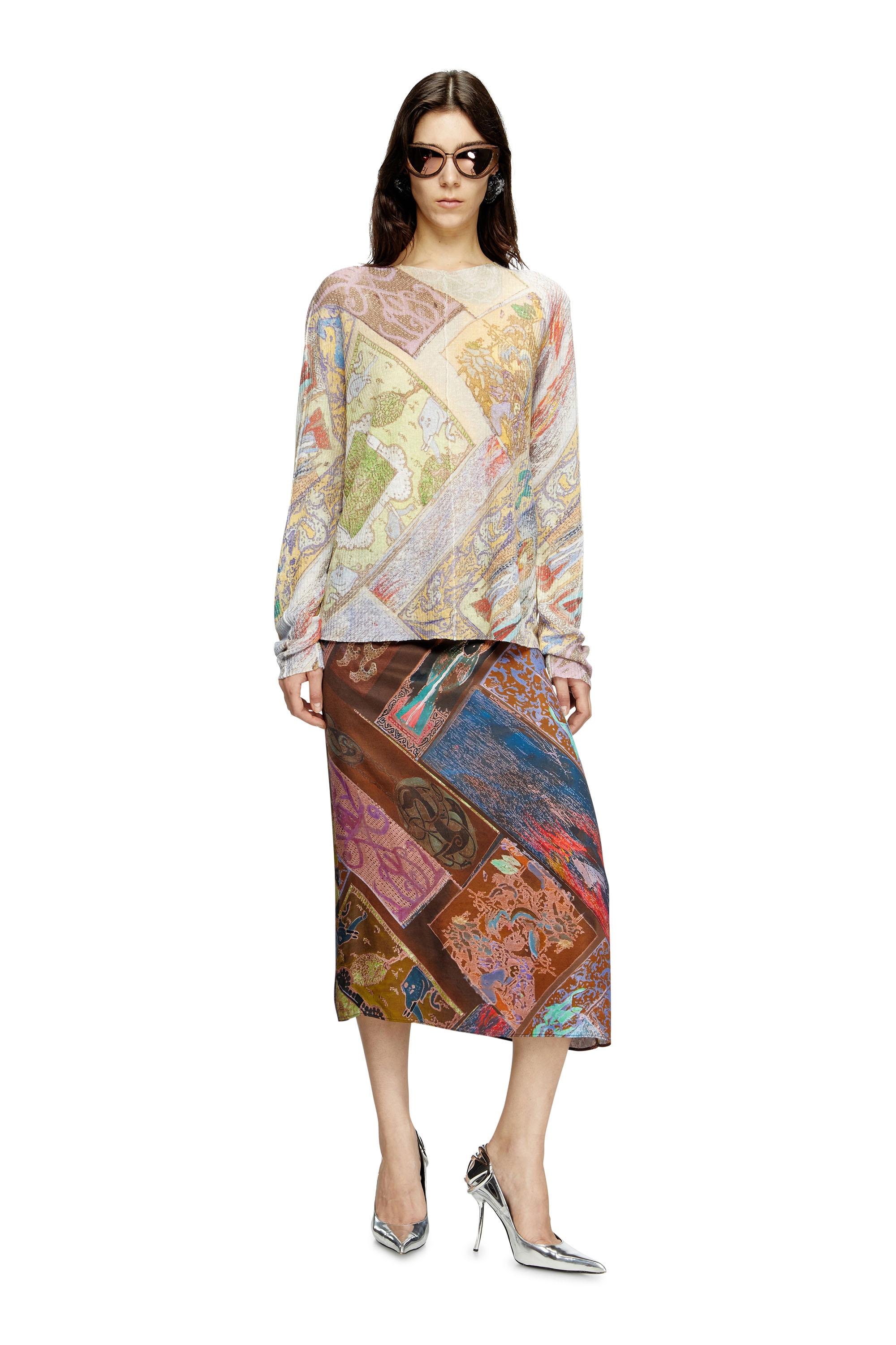 Diesel - O-RCHID, Jupe midi en viscose avec imprimé héraldique Femme in Marron - 1