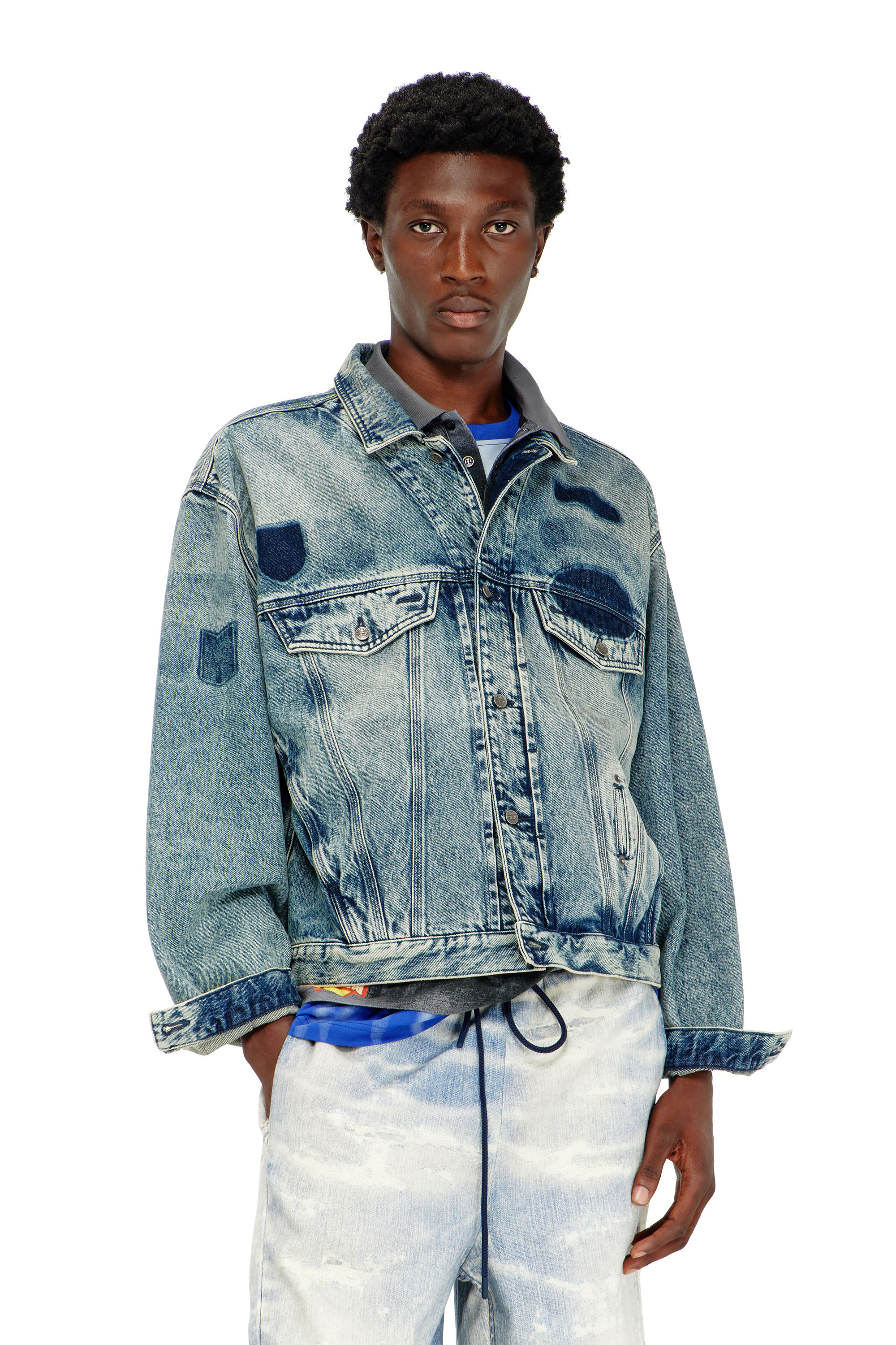 Diesel - D-DENVER-S2, Unisex's Trucker jacket with patch effects in Medium blue - 1