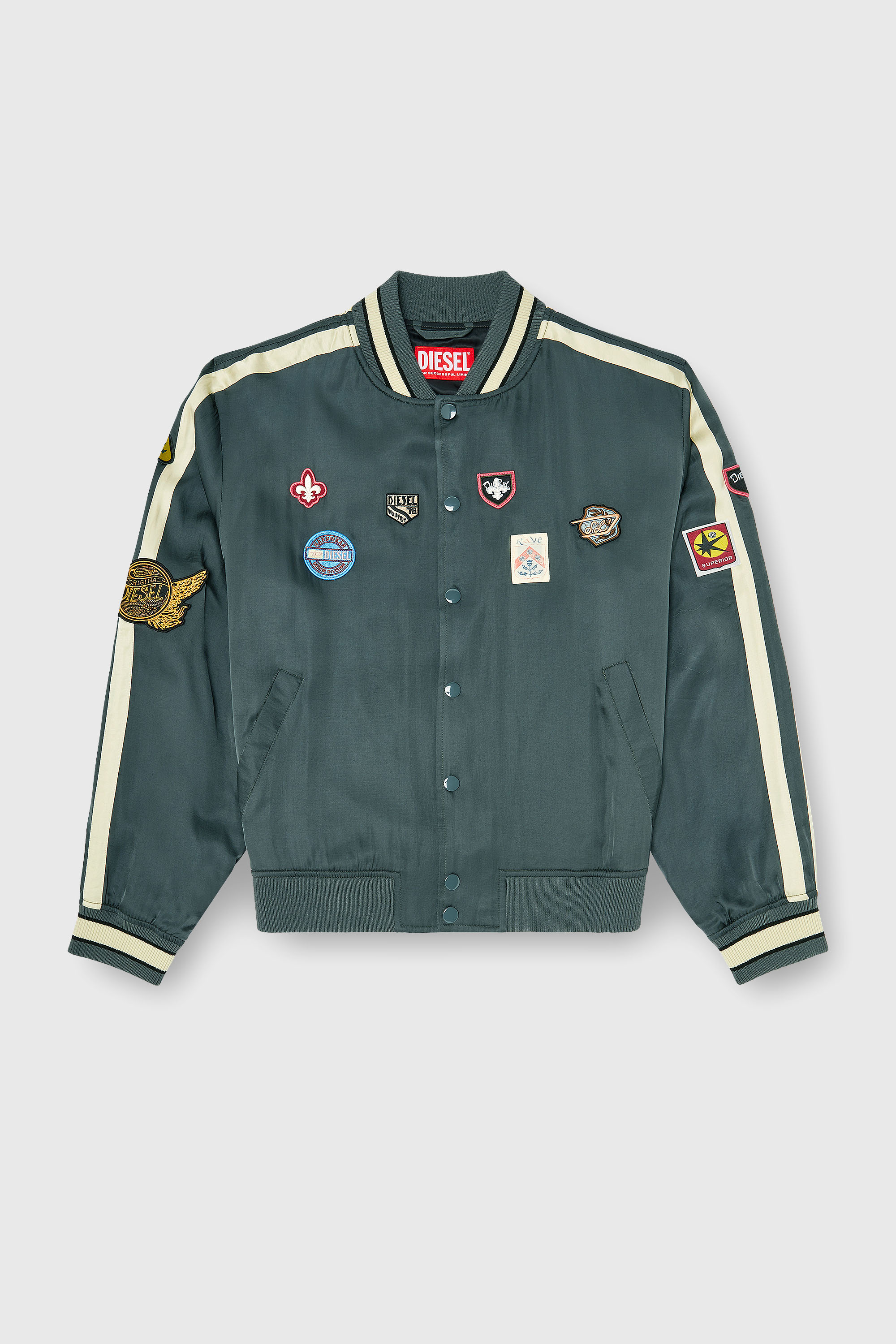 Diesel - J-ANNU, Man's Satin bomber jacket with patches in Dark Green - 2