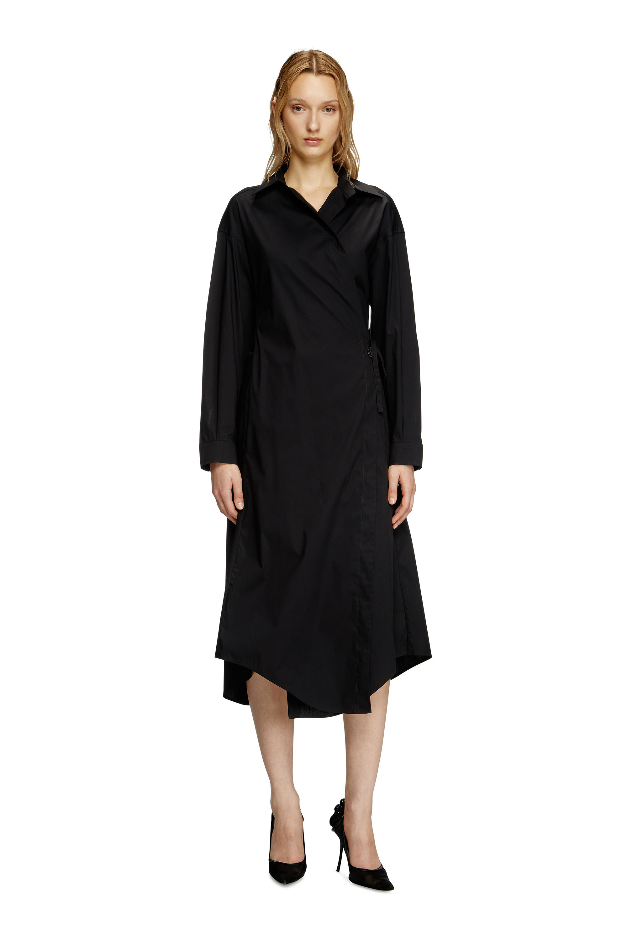 Diesel - D-ELPHI-LONG, Robe chemise portefeuille en popeline mélangée de coton Femme in Noir - 3