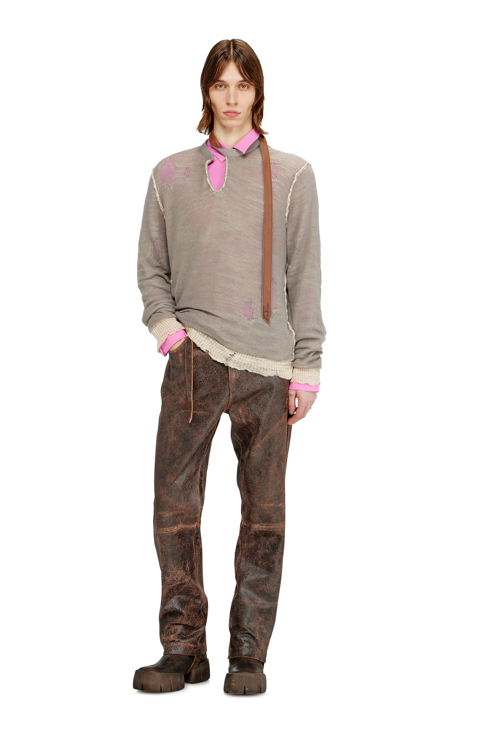 Diesel - K-DAIANERIS, Pull us&eacute; avec sangle de col motard Homme in Marron - 1