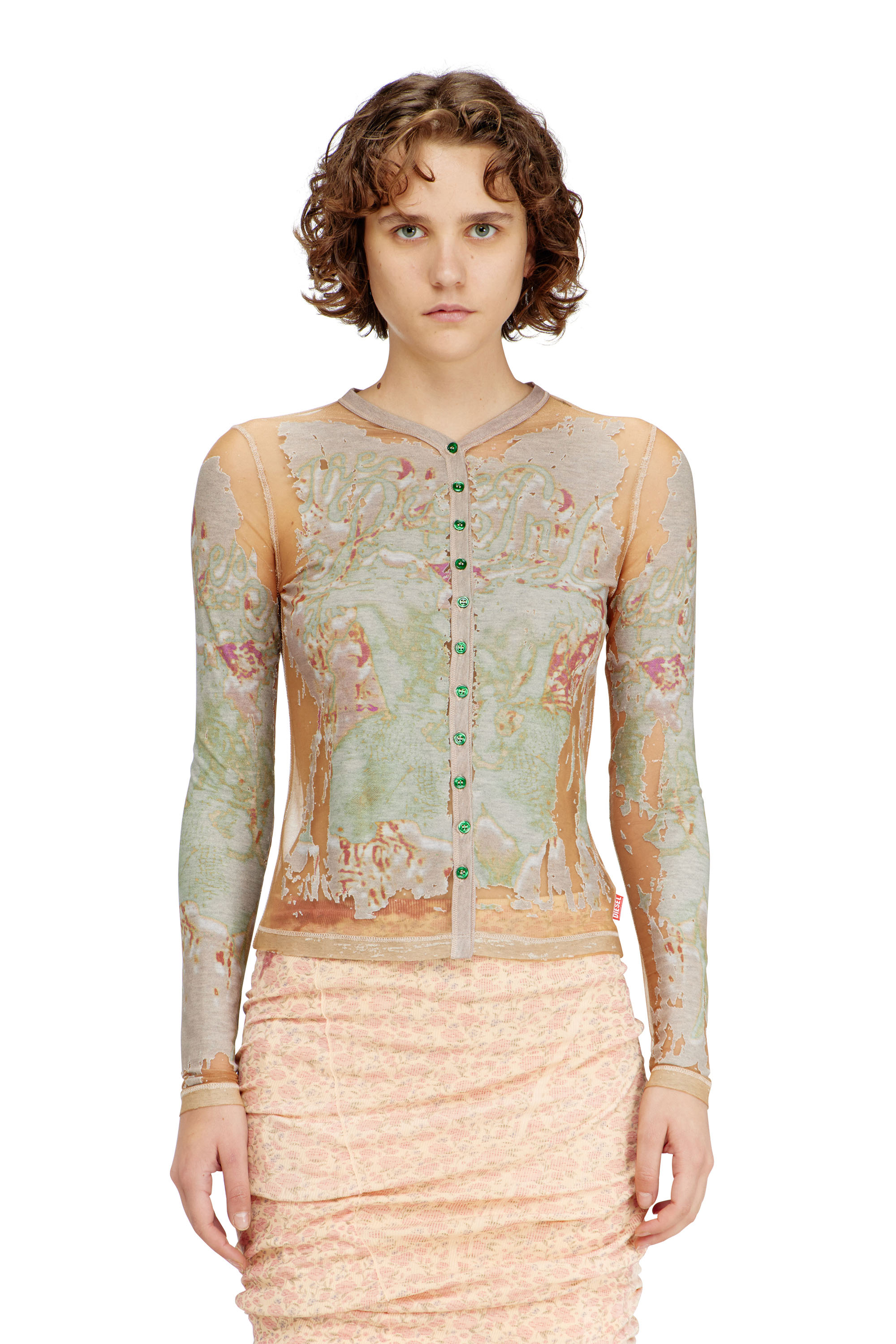 Diesel - T-GABRY, Top cardigan en jersey d&eacute;vor&eacute; imprim&eacute; Femme in Marron - 1