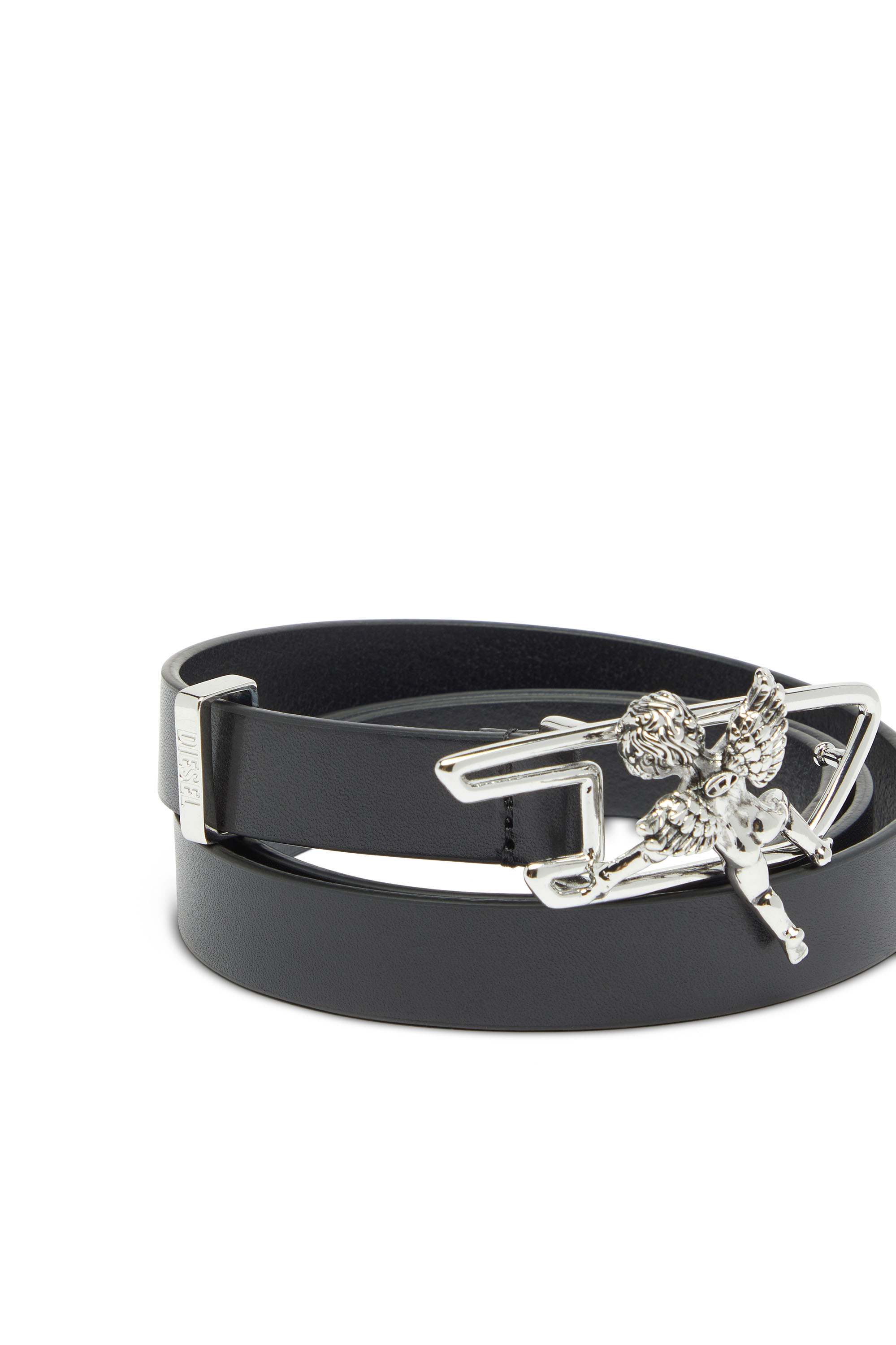 Diesel - B-D LINE W ANGEL 20, Woman's 2cm leather belt with cherub D outline buckle in Black - 3