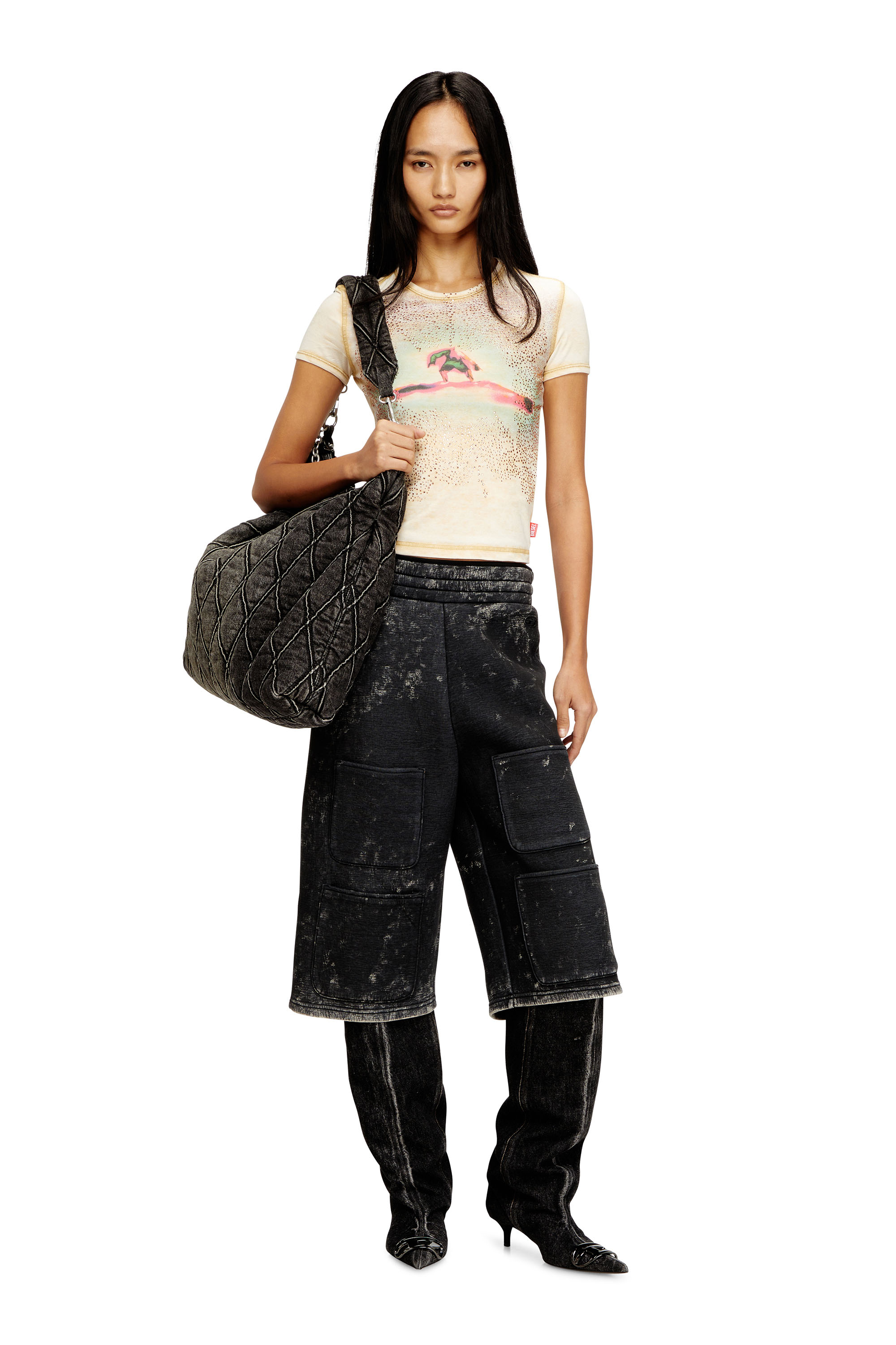 Diesel - T-UNCUTIES-LONG-S10, Woman's Slim T-shirt with rhinestones in Beige - 2