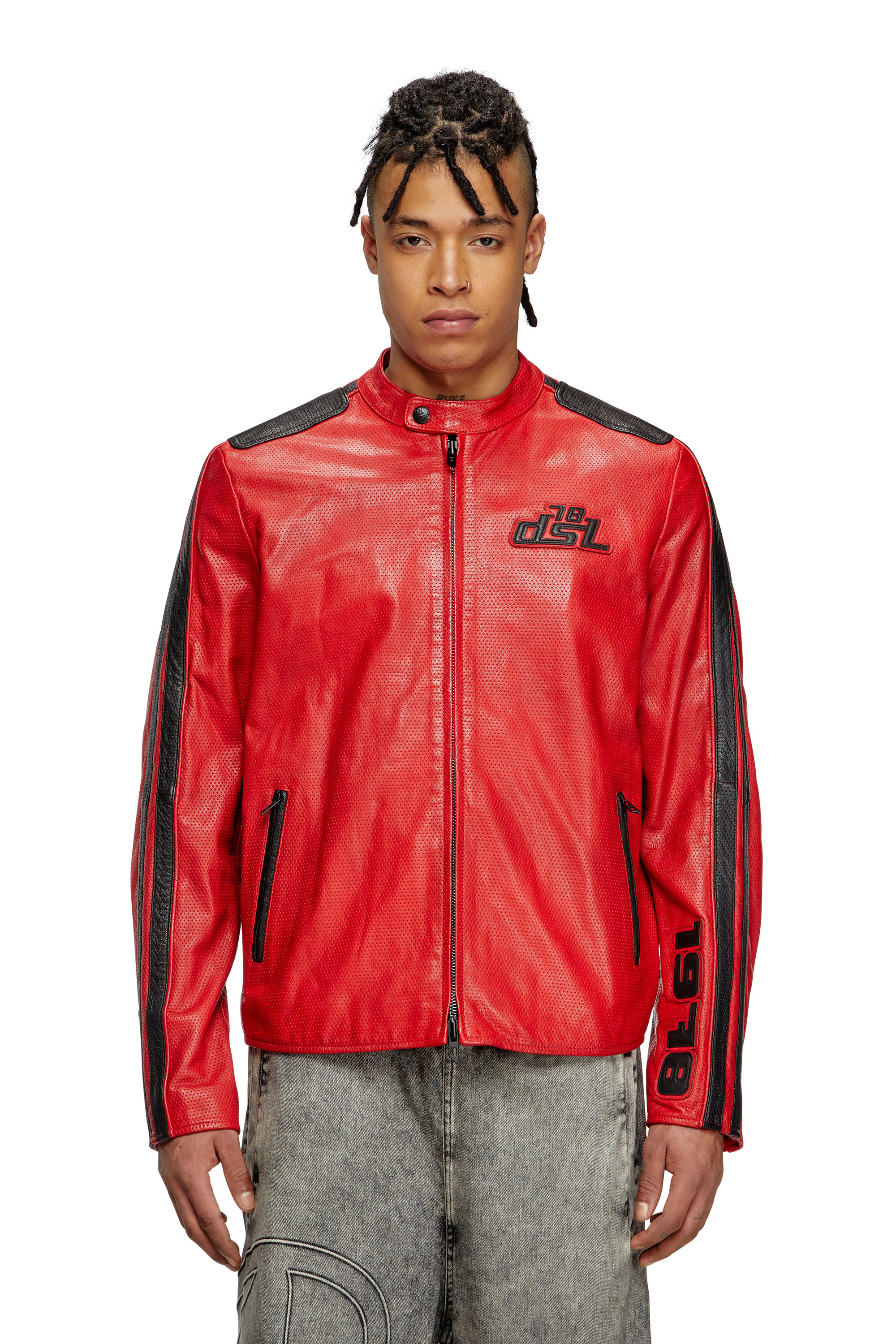 Diesel - L-POP, Veste de motard en cuir perforé Mixte in Rouge - 1