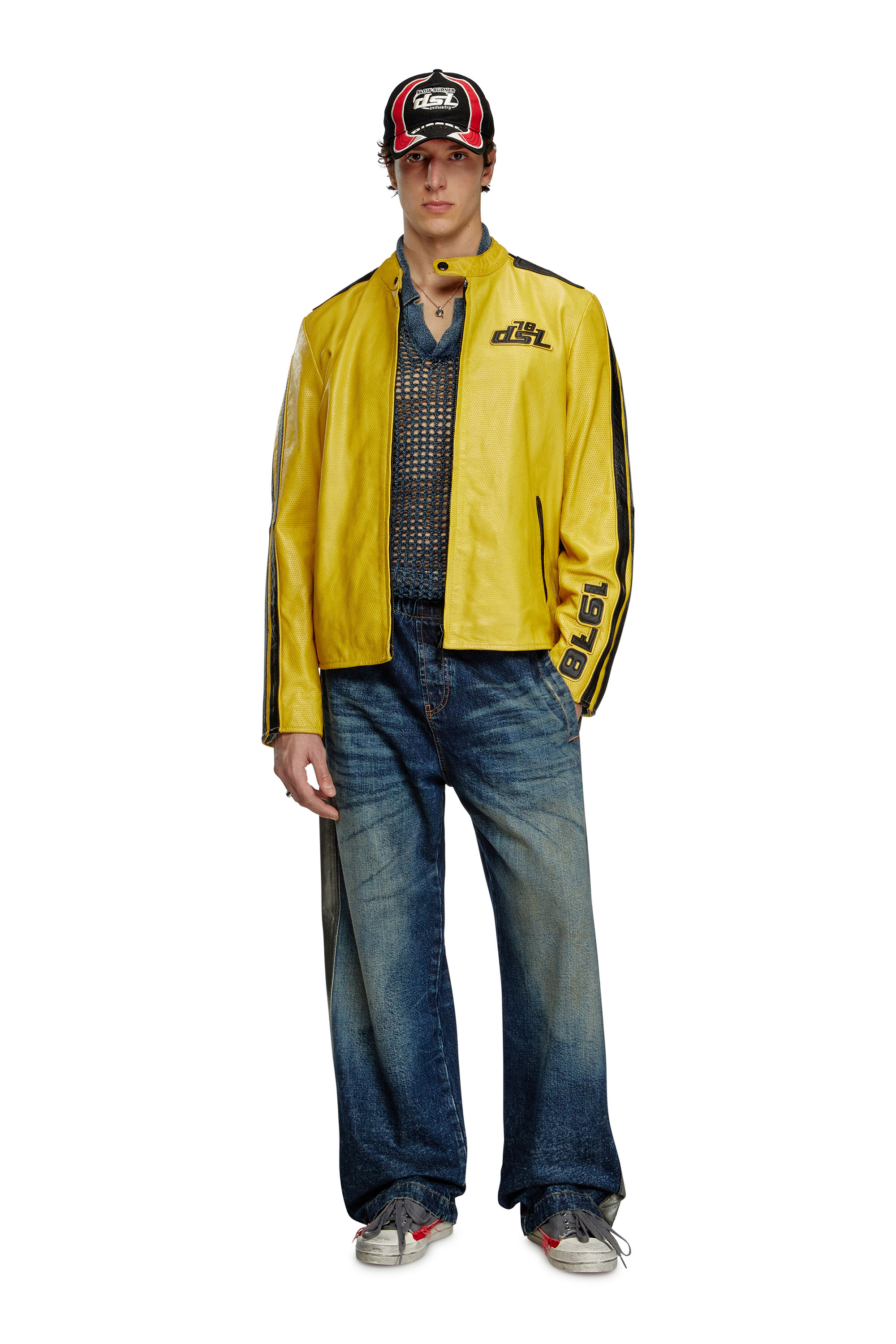 Diesel - L-POP, Veste de motard en cuir perforé Mixte in Jaune - 2