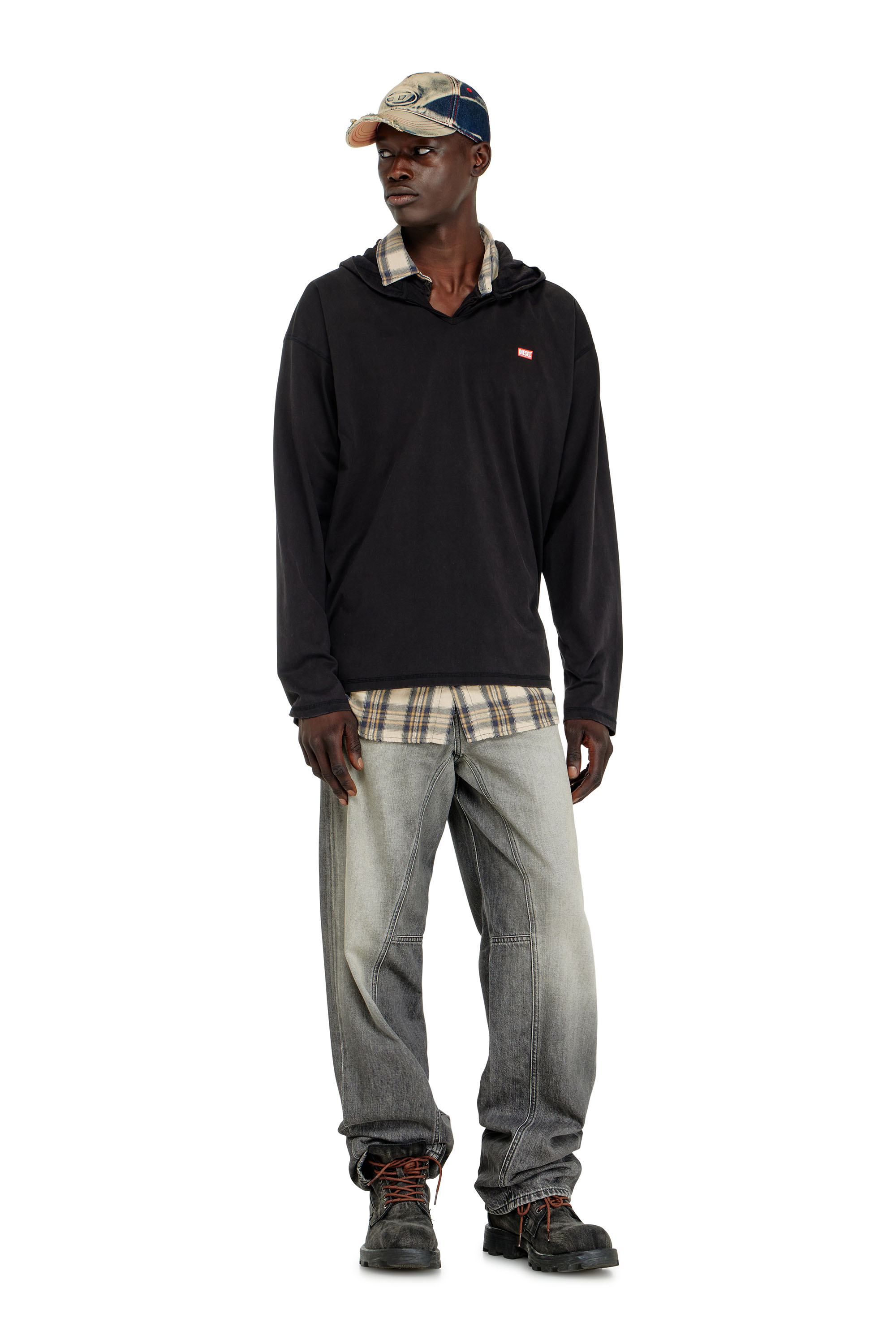 Diesel - T-BOXT-LS-HOOD-CHECK, T-shirt &agrave; manches longues avec capuche en flanelle Homme in Noir - 2