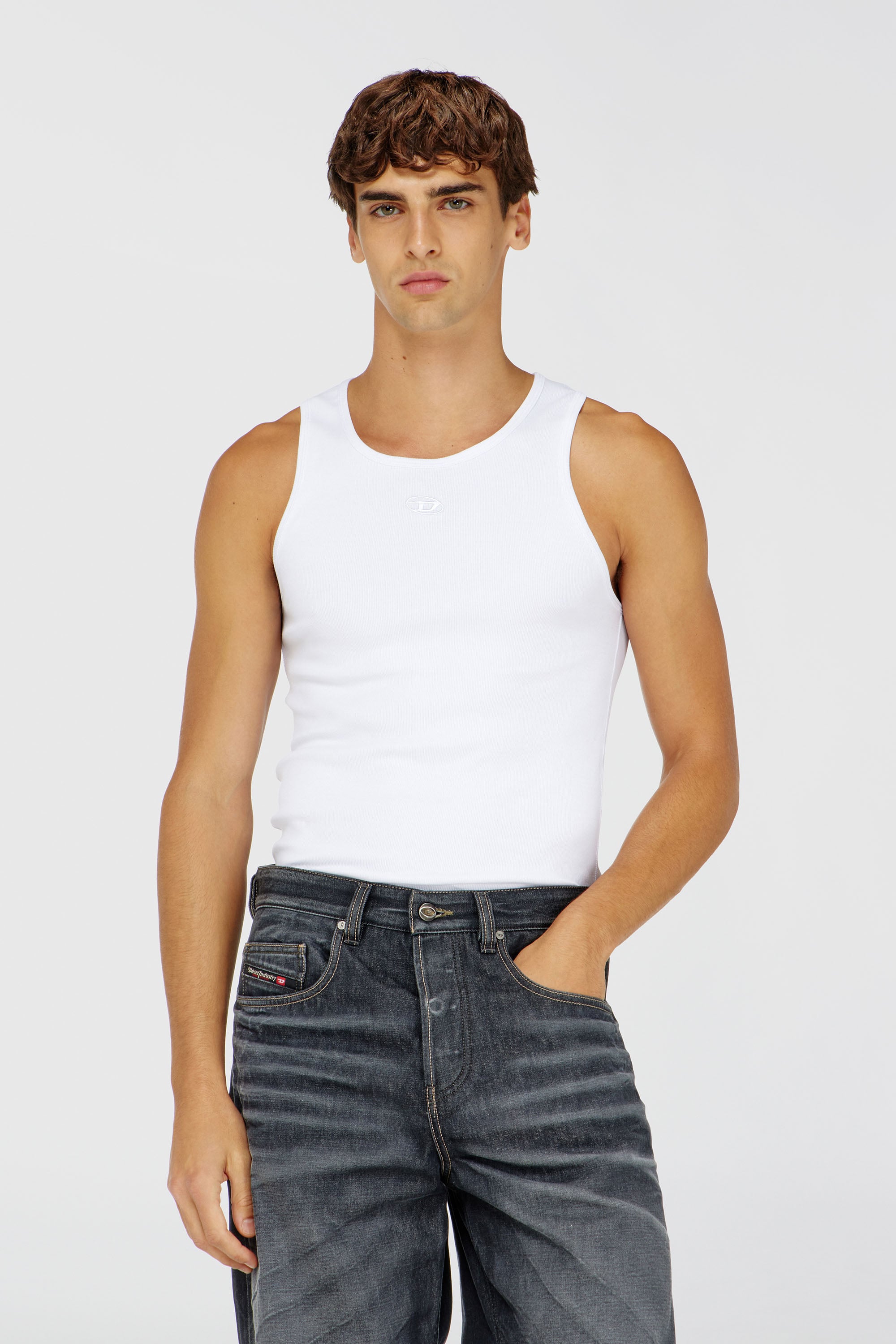 Diesel - T-ARM-LKDS, D&eacute;bardeur en jersey c&ocirc;tel&eacute; avec broderie Oval D Homme in Blanc - 1