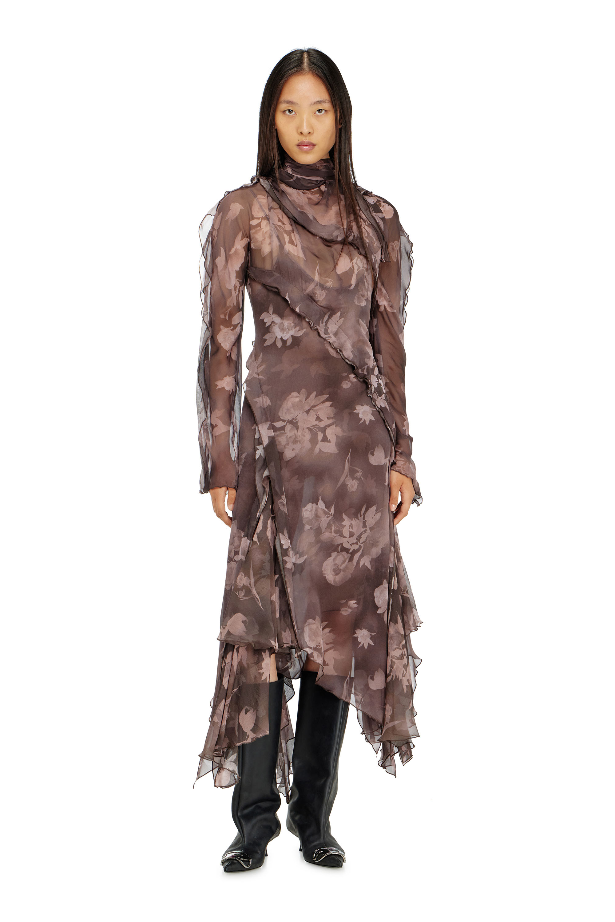 Diesel - D-RIADI, Robe midi asym&eacute;trique en chiffon et cr&ecirc;pe de soie Femme in Marron - 3
