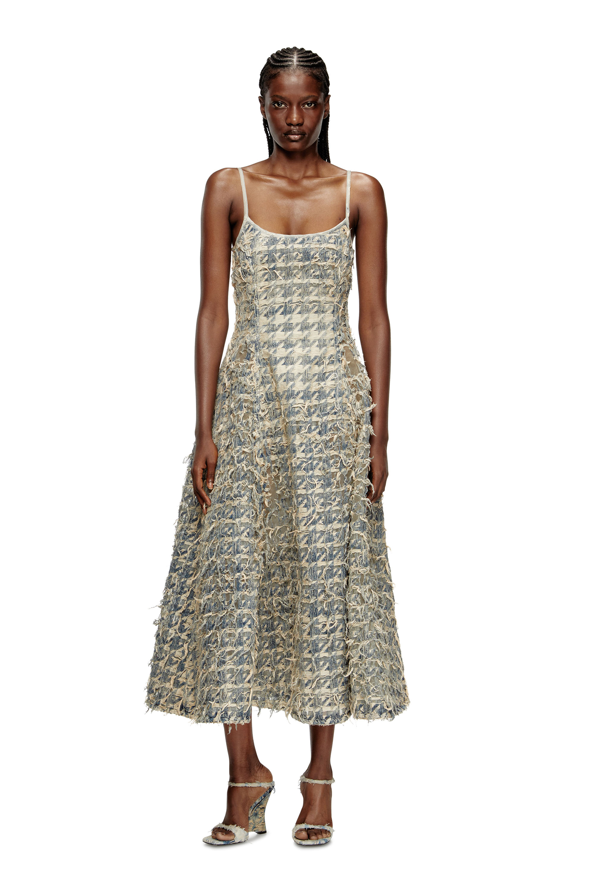 Diesel - DE-SWEENEY-LONG-FSH, Jupe longue en denim motif pied-de-poule dévoré Femme in Bleu - 1