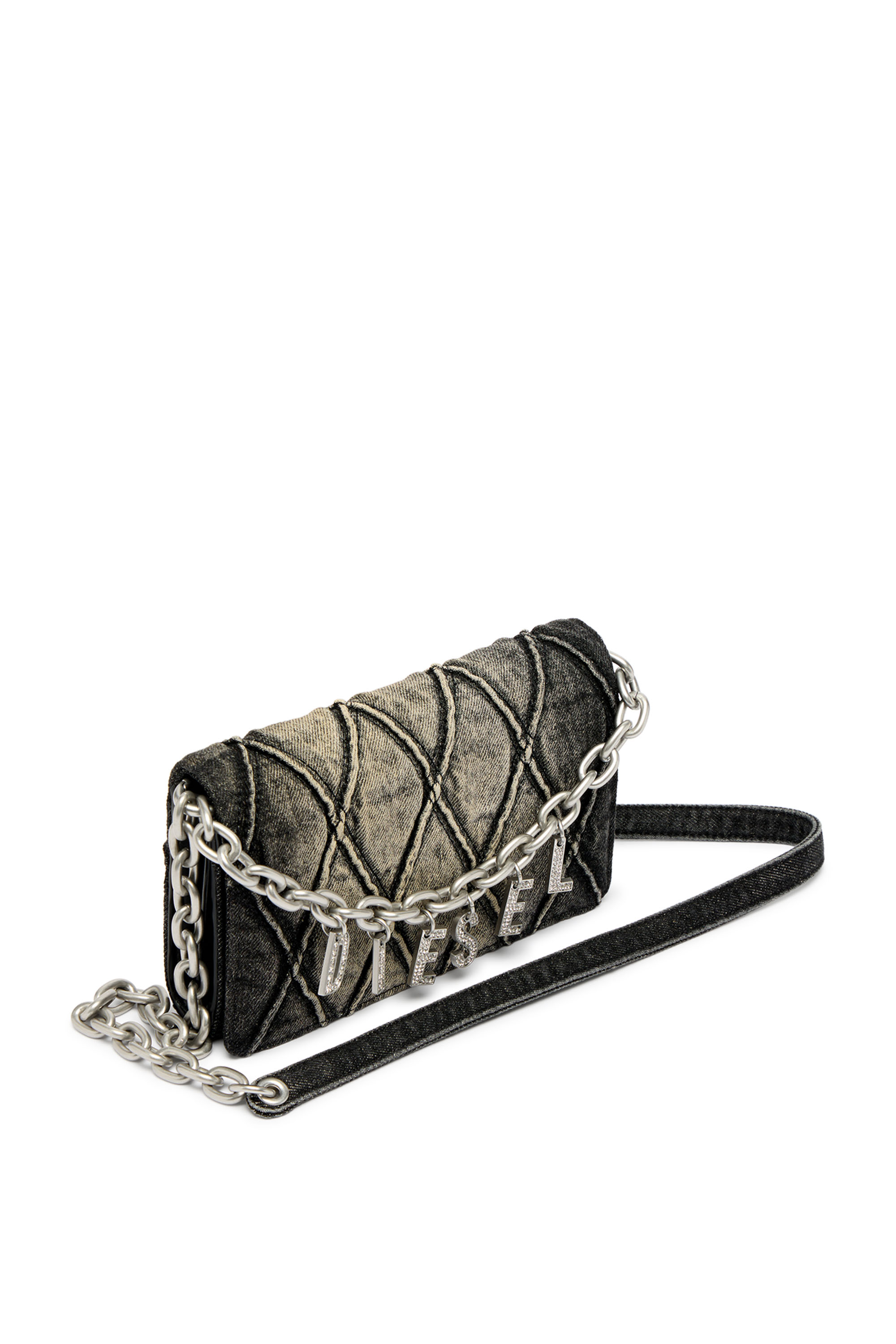 Diesel - CHARM-D WALLET STRAP, Porte-monnaie en denim matelass&eacute; motif argyle Femme in Noir - 5