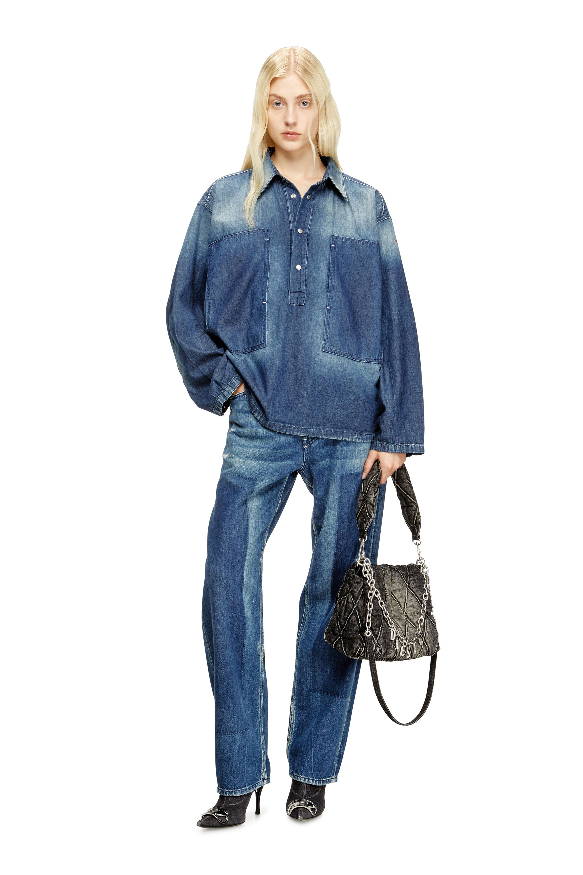 Diesel - DE-PRISS, Haut Henley en denim à effet contrasté Femme in Bleu - 1