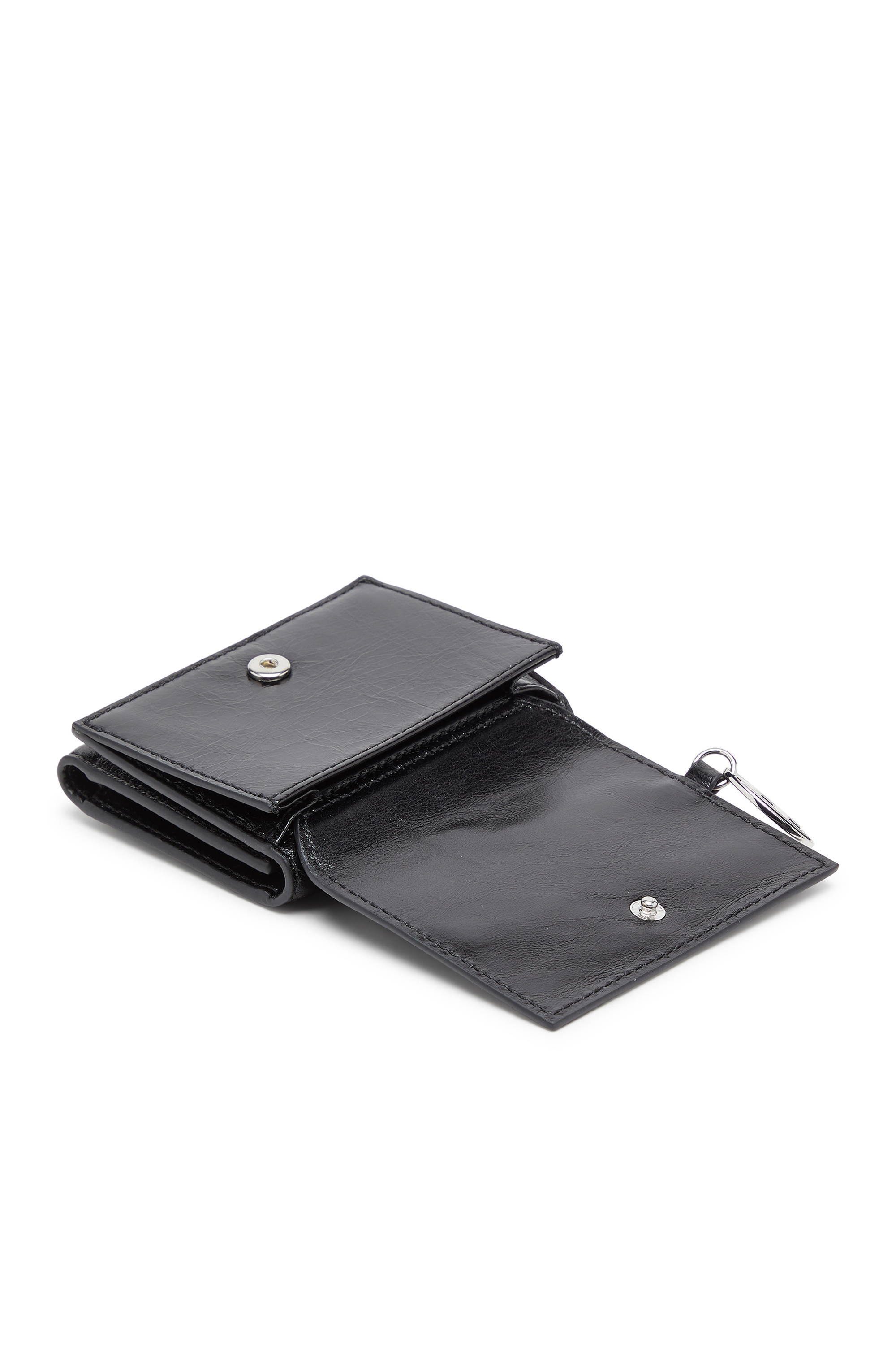Diesel - OVAL-D TRI FOLD ZIP COIN XS II, Woman's Leather tri-fold wallet with embossed motif in Black - 4