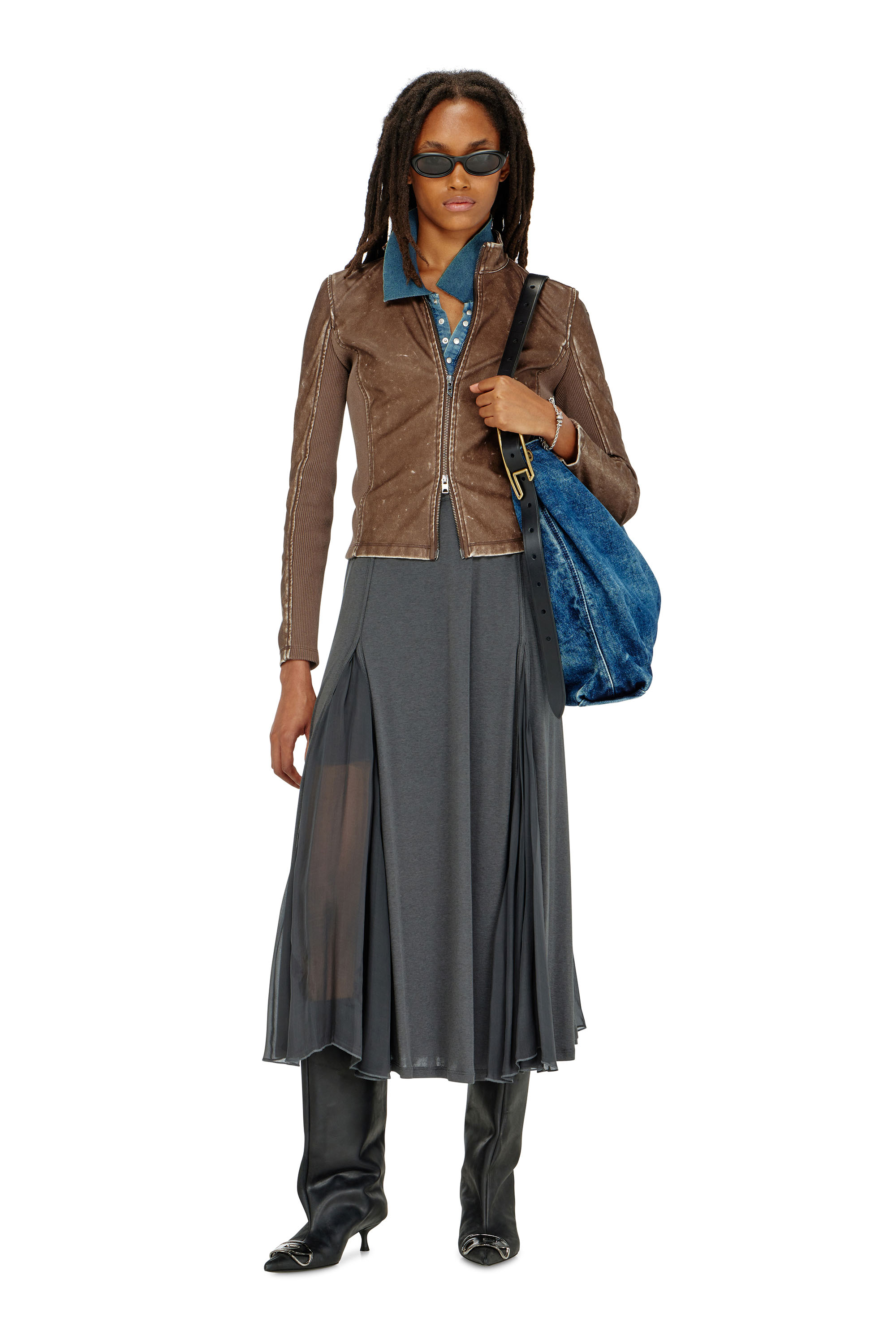 Diesel - O-LONGREI, Jupe midi en jersey c&ocirc;tel&eacute; et chiffon Femme in ToBeDefined - 1