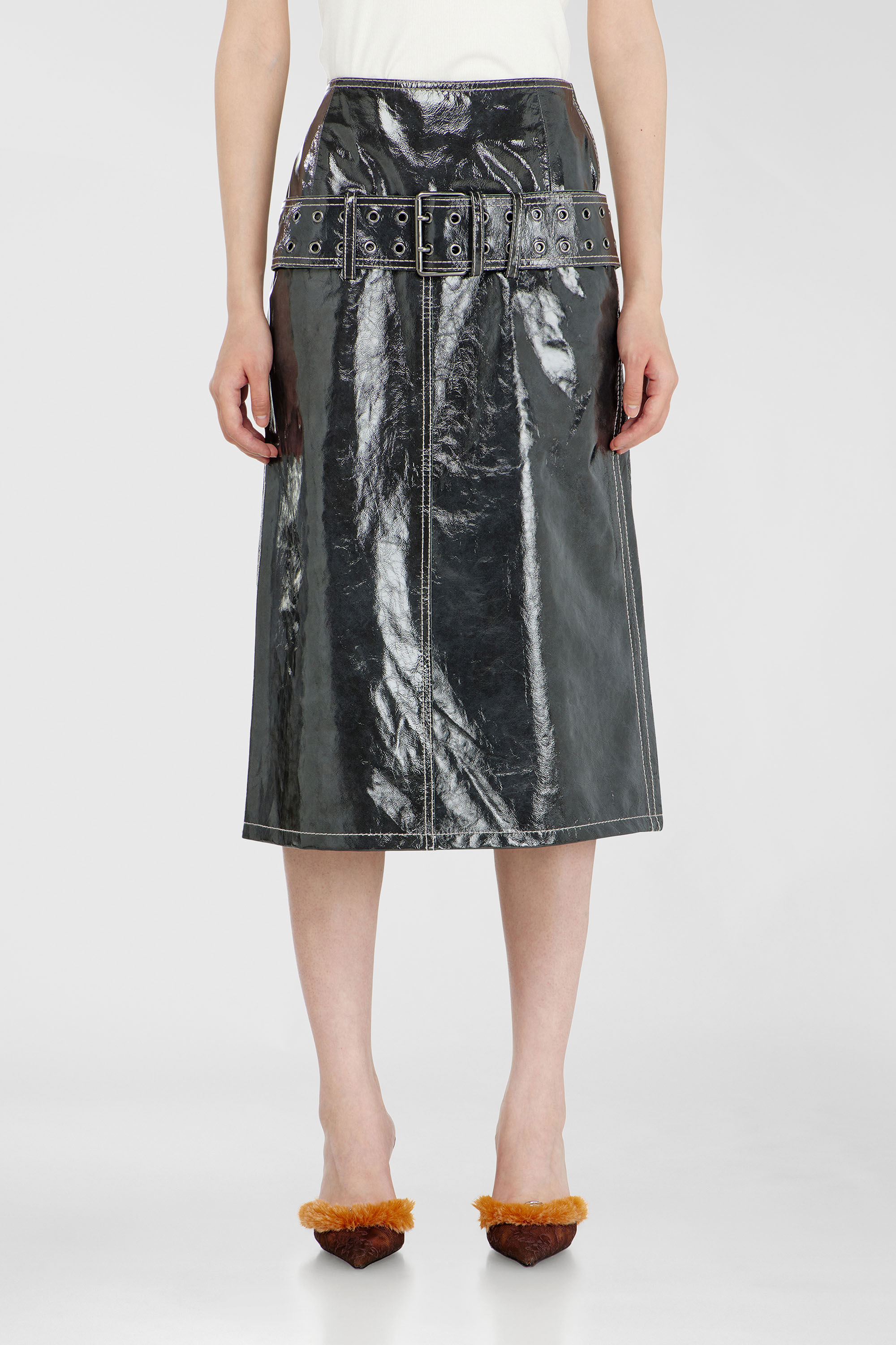 Diesel - L-ASCAR, Jupe midi en cuir verni avec ceinture Femme in Gris - 3