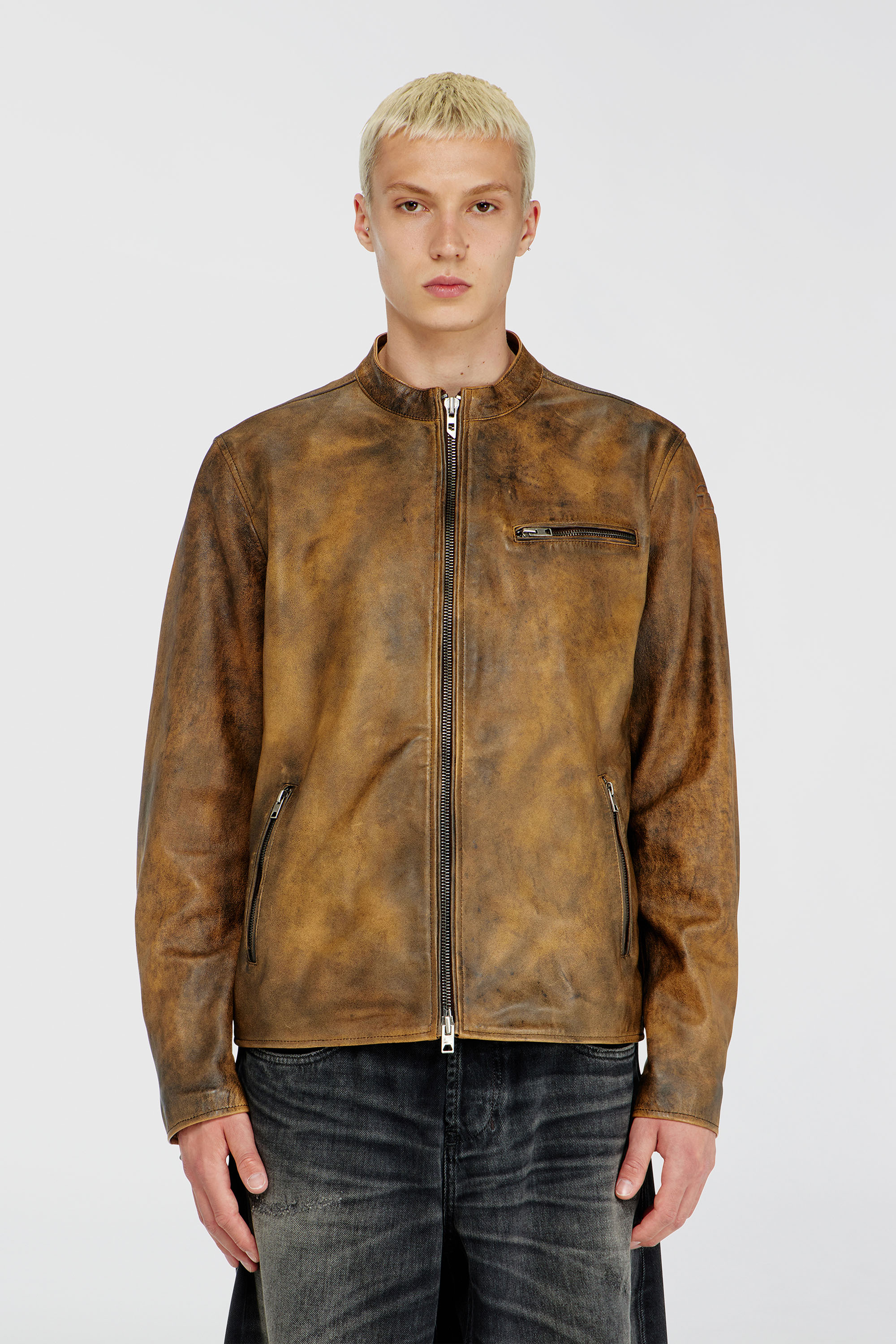Diesel - L-ZAD-KNCZ, Man's Biker jacket in treated leather in Light Brown - 1