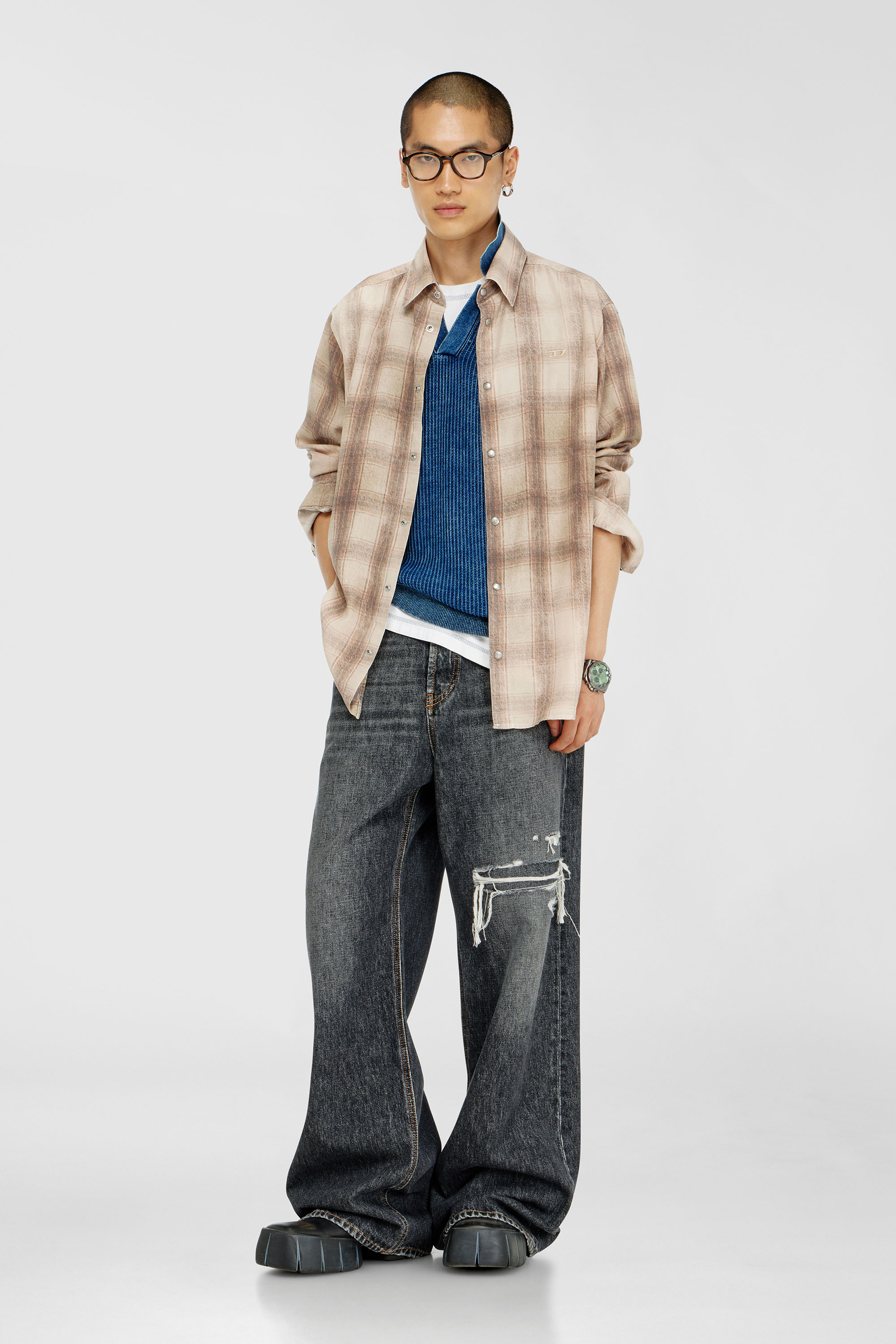 Diesel - S-SIMPLY-JMCM, Chemise &agrave; carreaux en tissu fluide Homme in Marron - 1