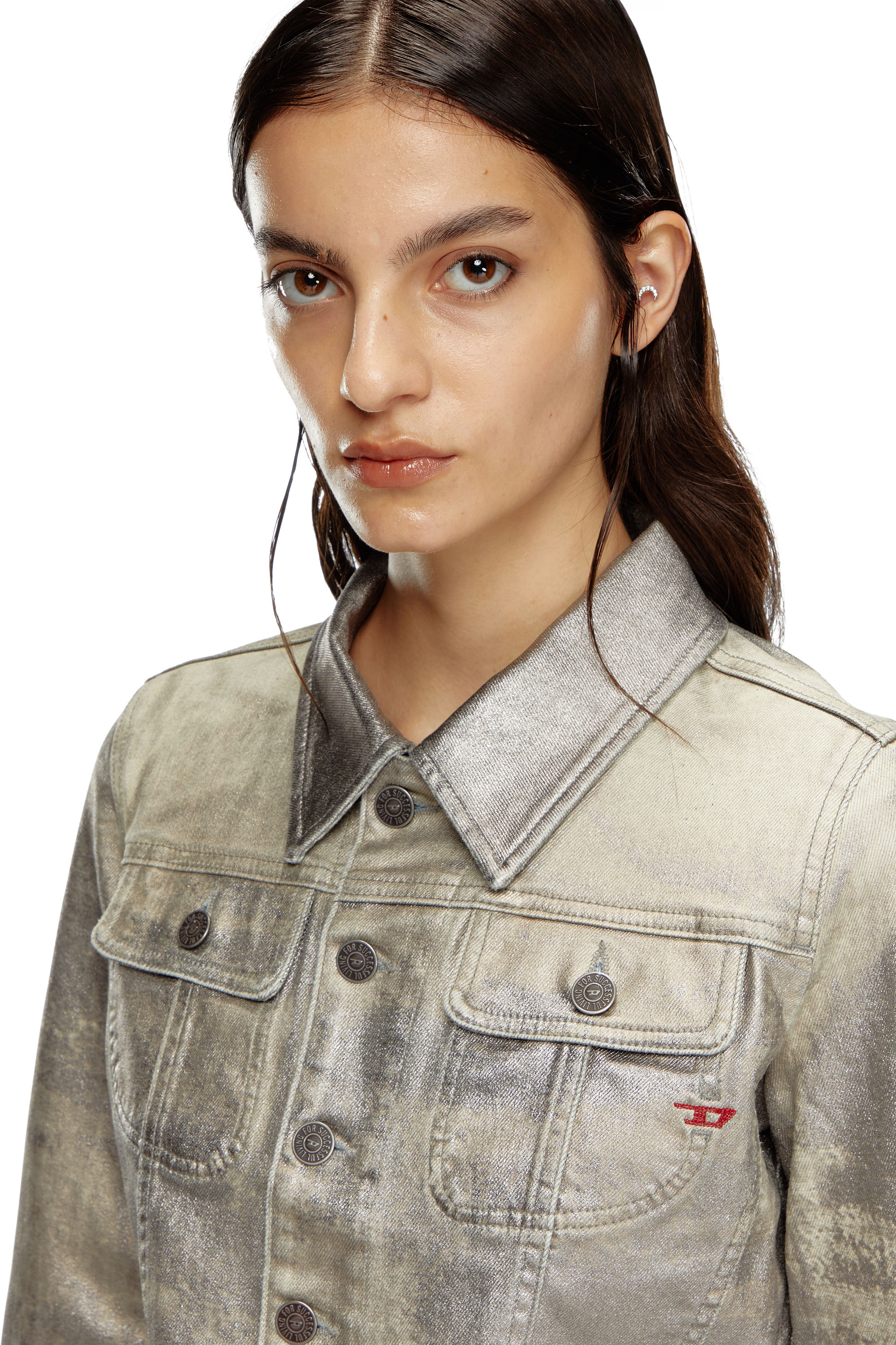 Diesel - DE-SLIMMY-S1, Veste trucker en toile de denim brillante Femme in Gris - 5