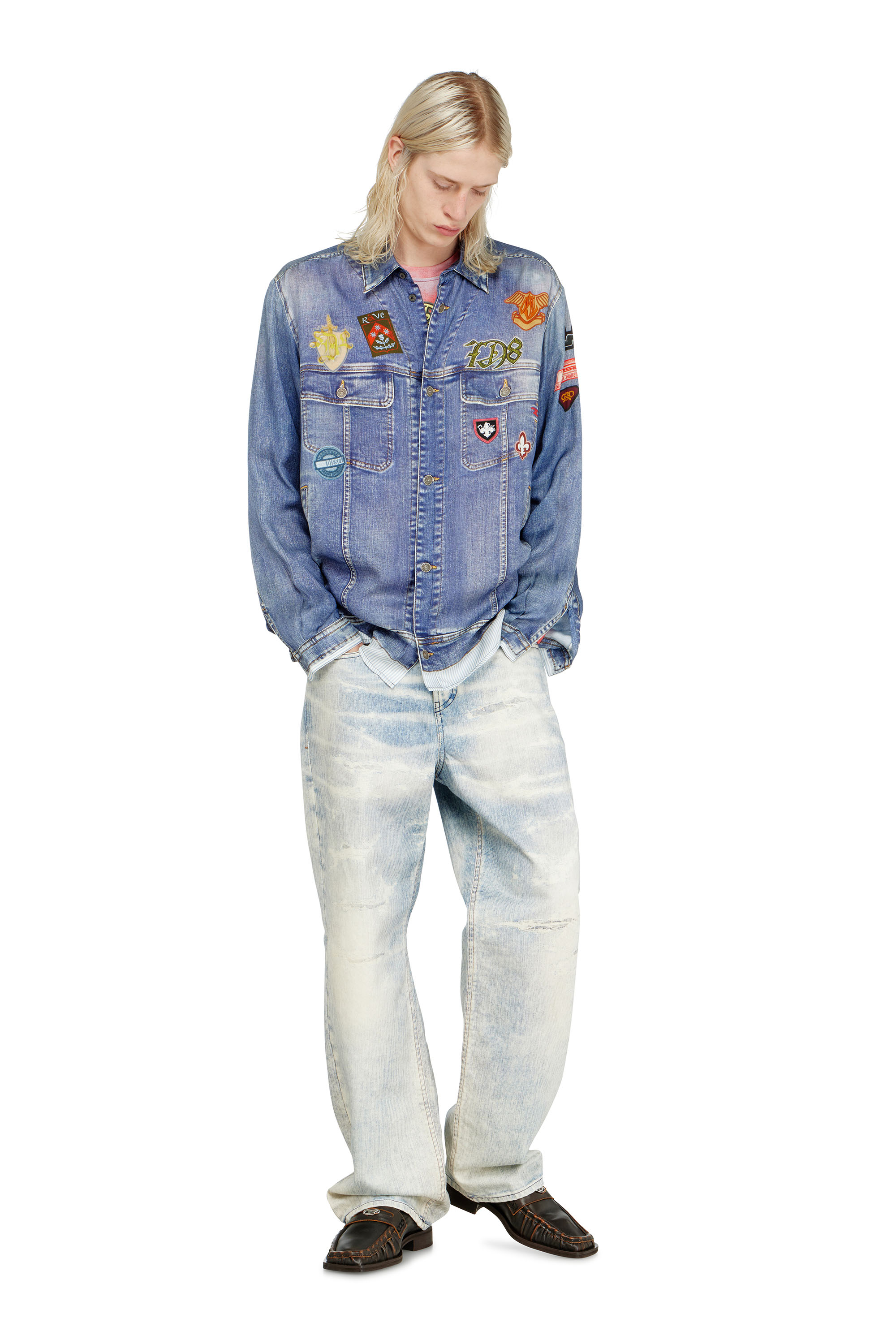 Diesel - S-SIMPLY-PATCH, Chemise satin&eacute;e &agrave; imprim&eacute; denim trompe-l'&oelig;il Homme in ToBeDefined - 5