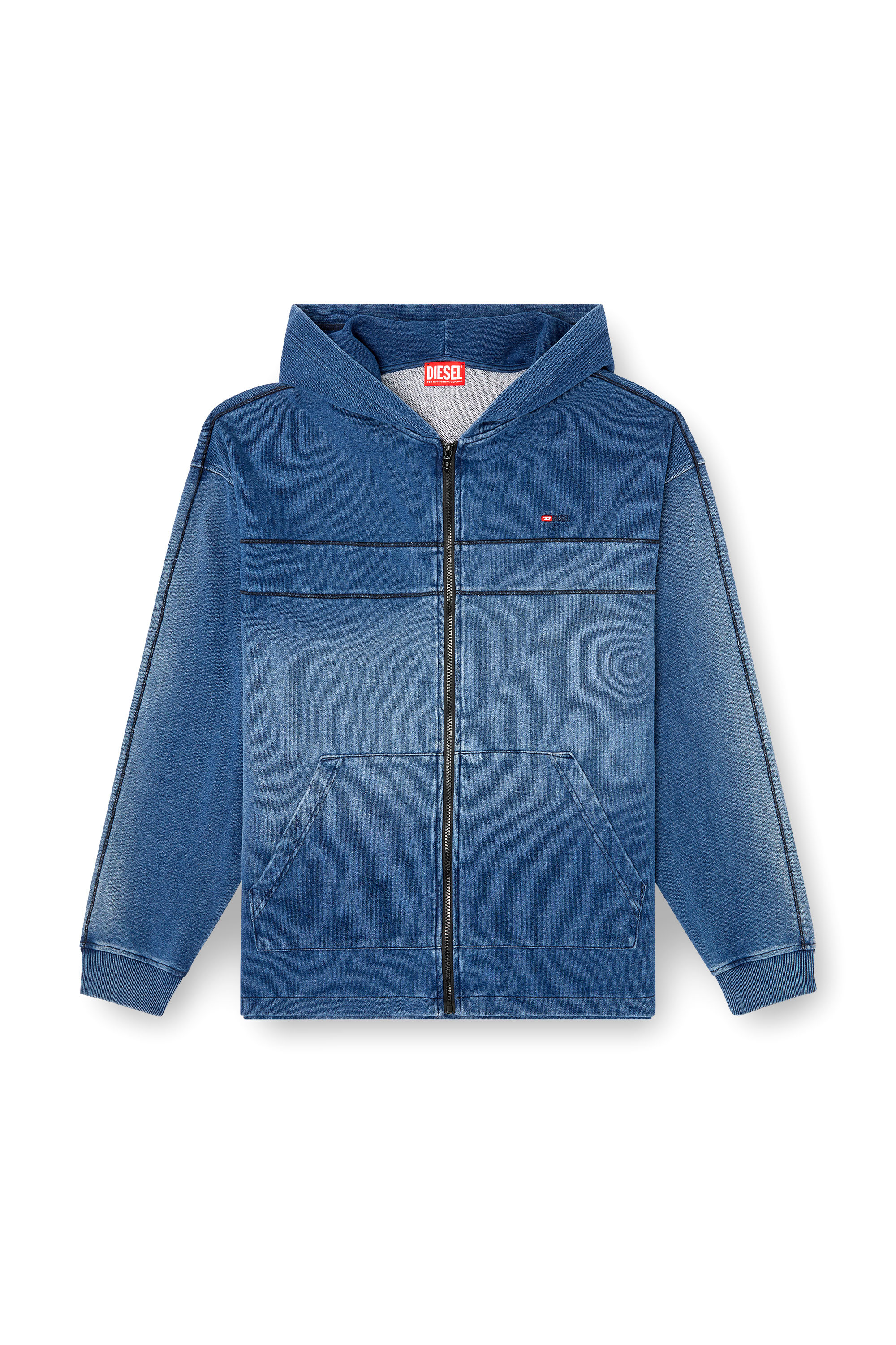 Diesel - S-BLAXT-HOOD-ZIP-NEW, Sweat-shirt à capuche en jersey effet denim Homme in Bleu - 3