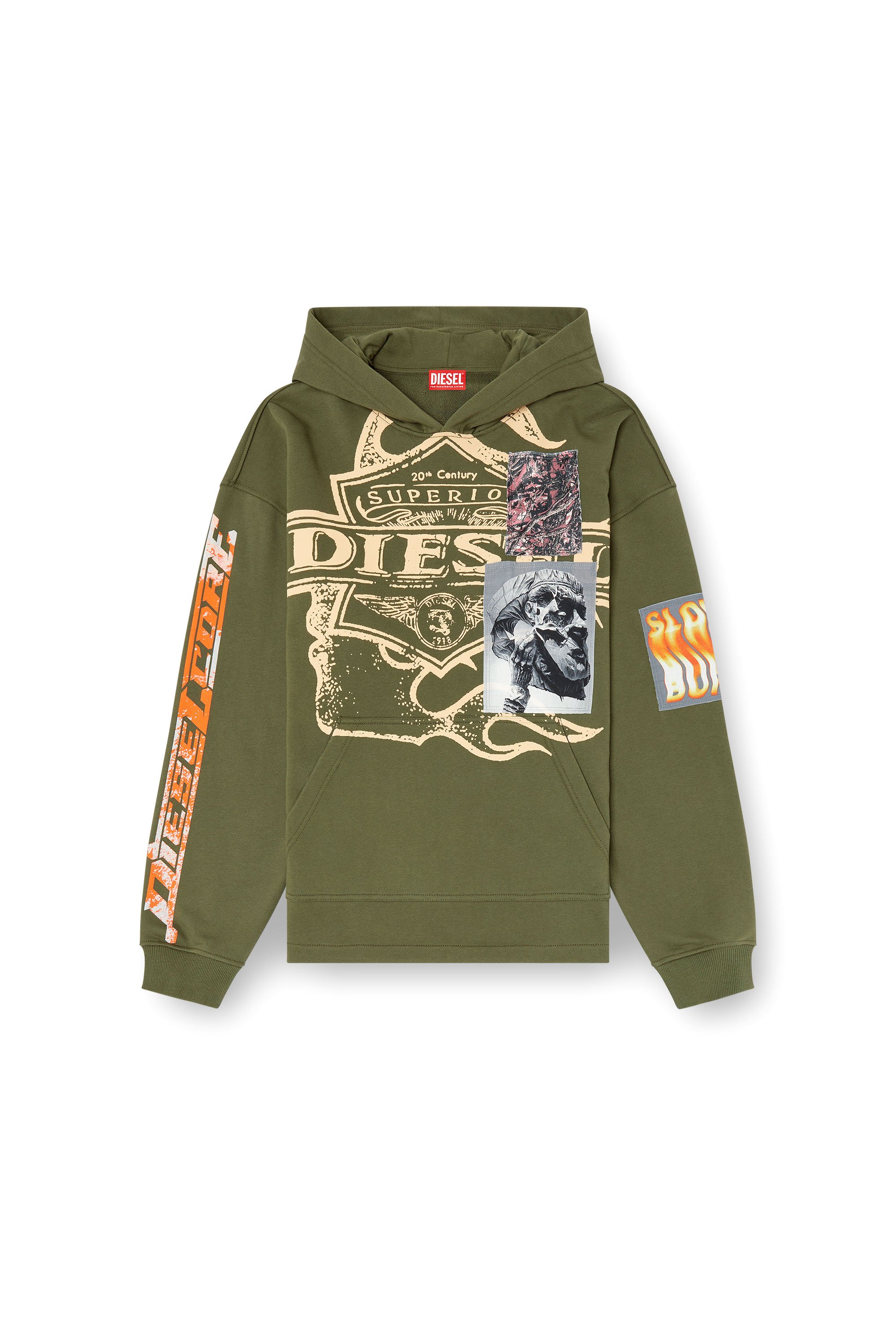 Diesel - S-BAXT-HOOD-R1, Sweat-shirt à capuche avec imprimés et empiècements à logo Homme in Vert - 3