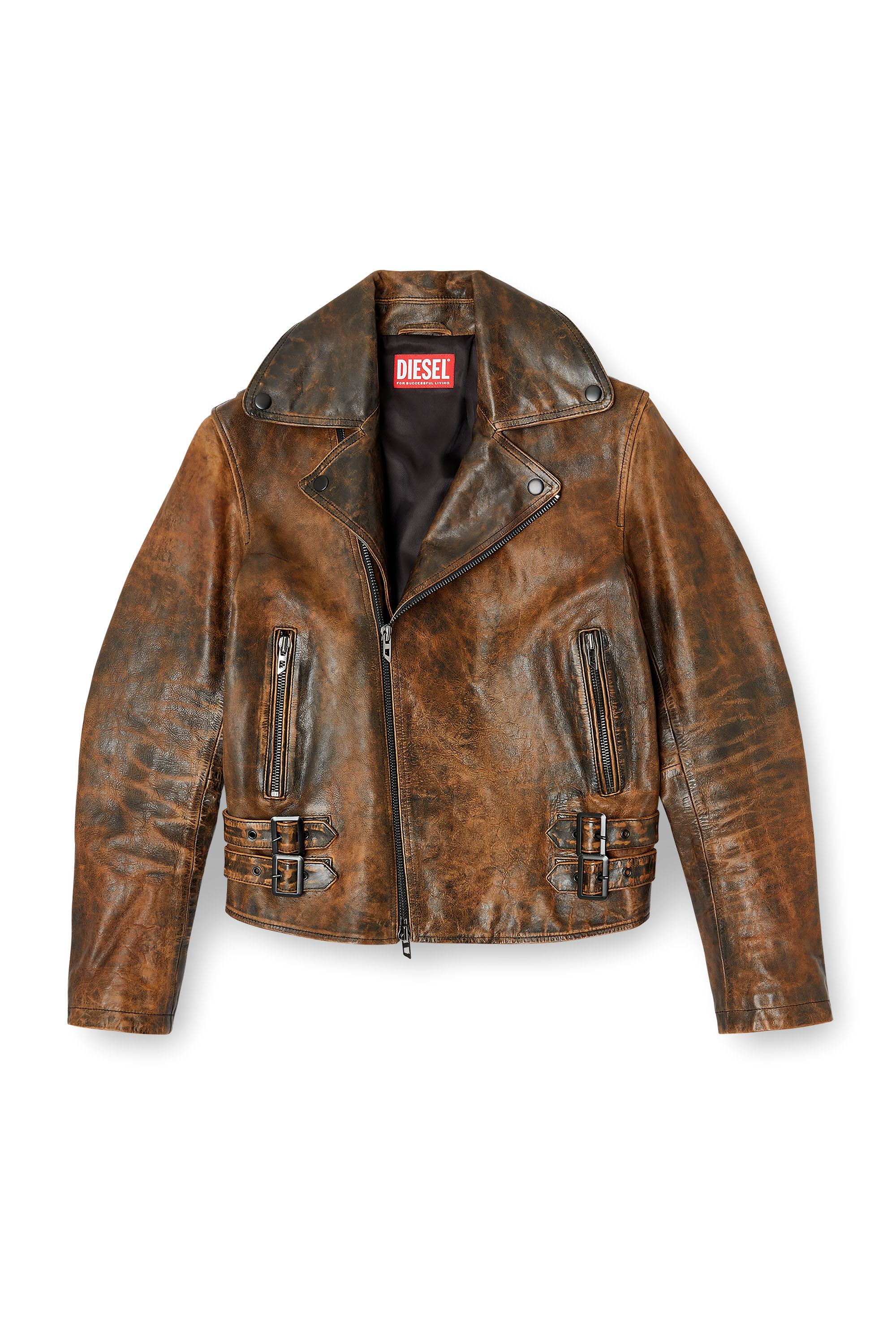 Diesel - L-EON, Man's Biker jacket in treated leather in Brown - 3