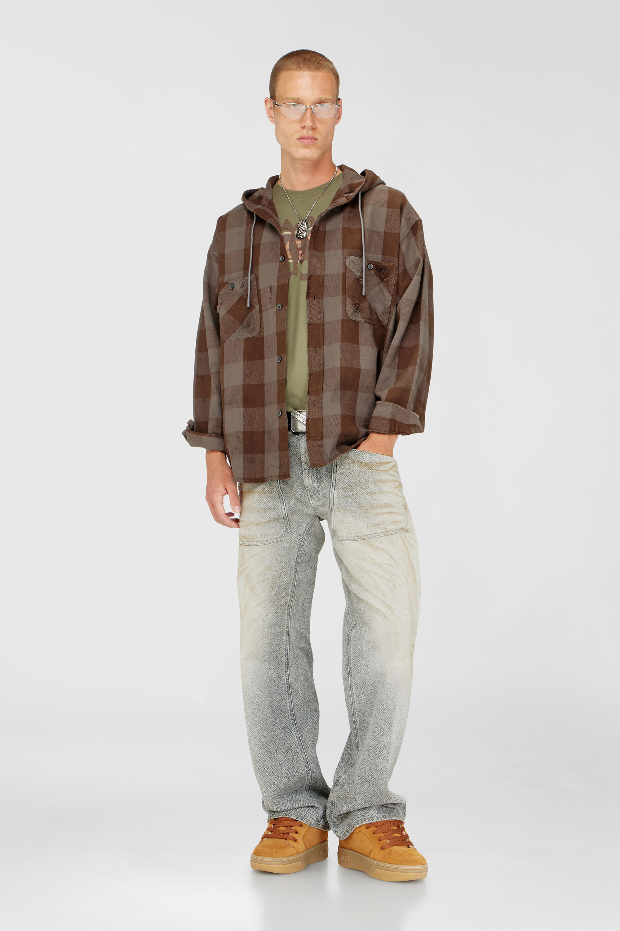 Diesel - S-DRUM-HOODY, Chemise &agrave; capuche effet us&eacute; en flanelle &agrave; carreaux Homme in Marron - 2