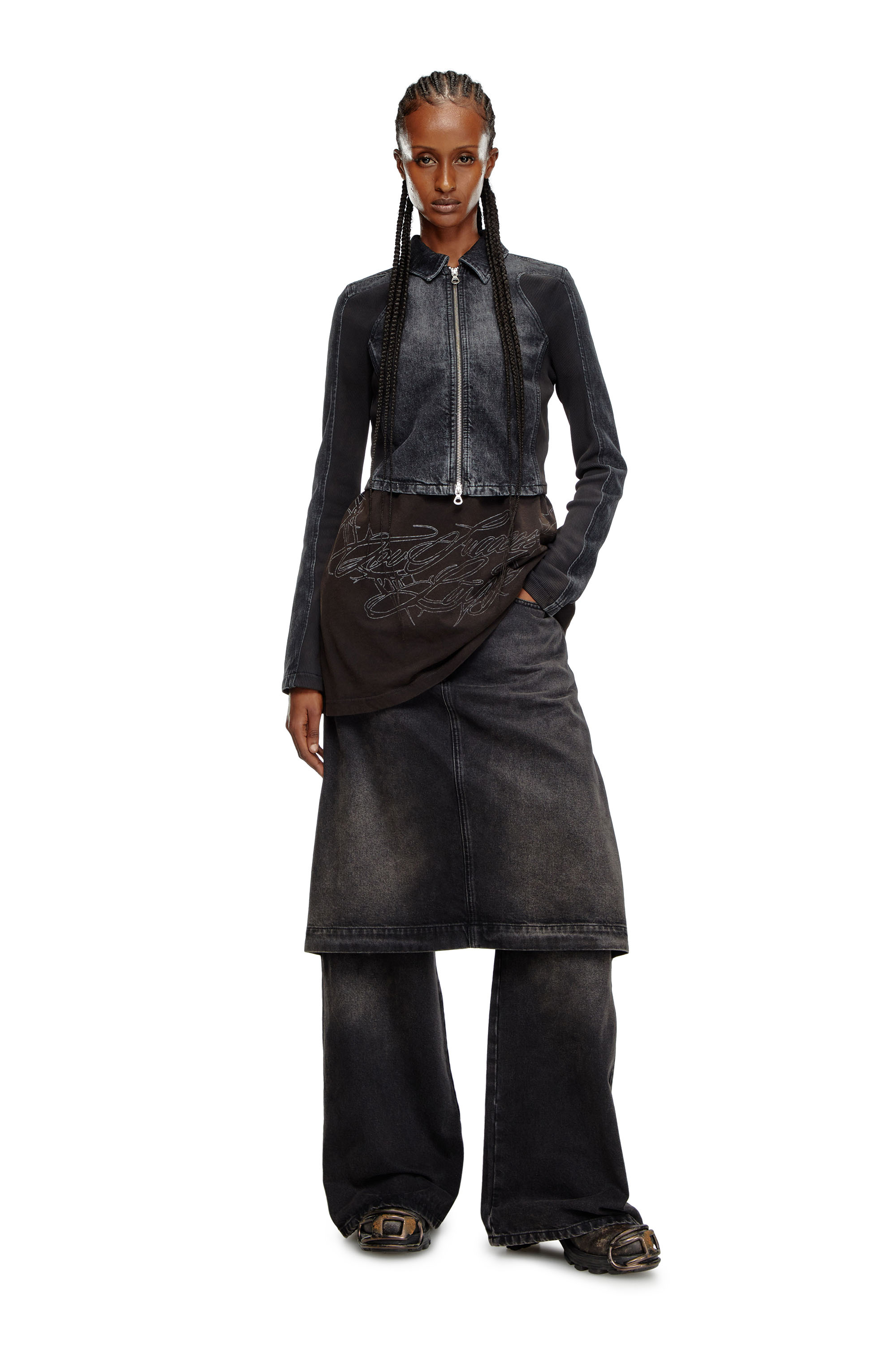 Diesel - DE-SYLEN-S, Veste courte en denim avec empi&egrave;cements c&ocirc;tel&eacute;s Femme in Noir - 1