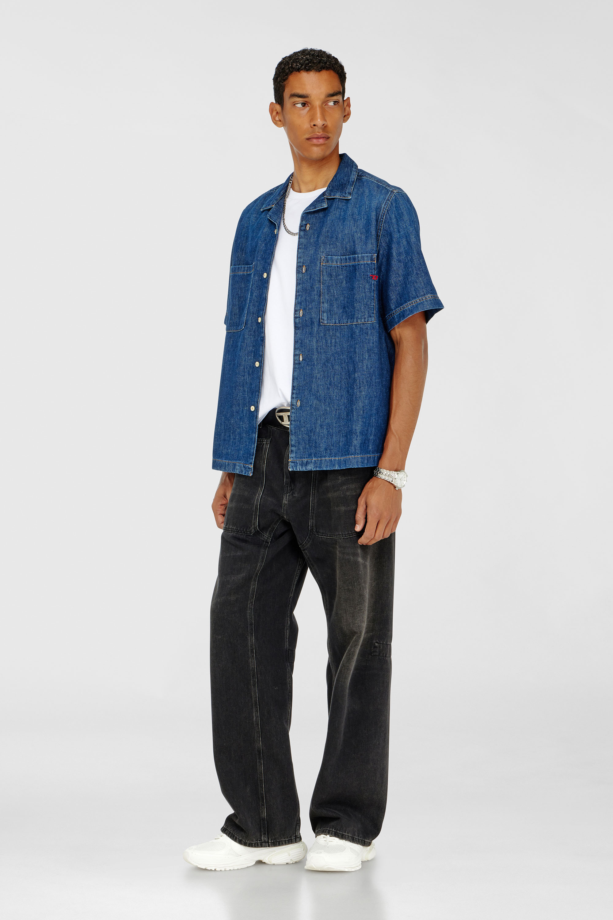 Diesel - D-PAROSHORT, Man's Bowling shirt in denim in Dark Blue - 2