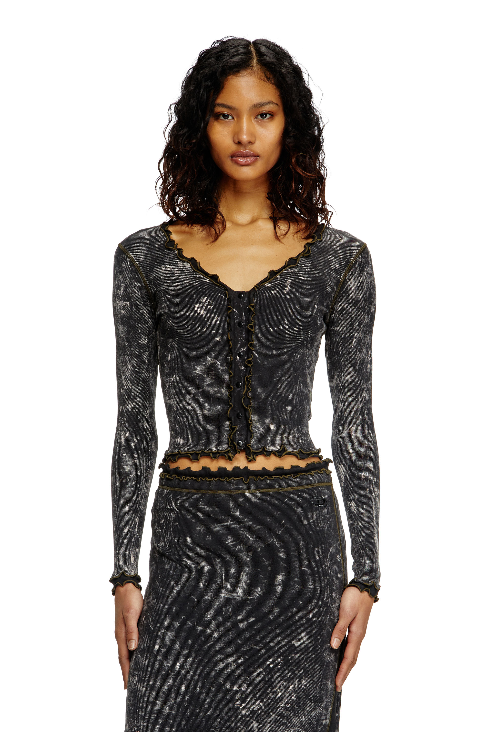 Diesel - T-FLUX, Top boutonné marbré avec volants Femme in Noir - 1