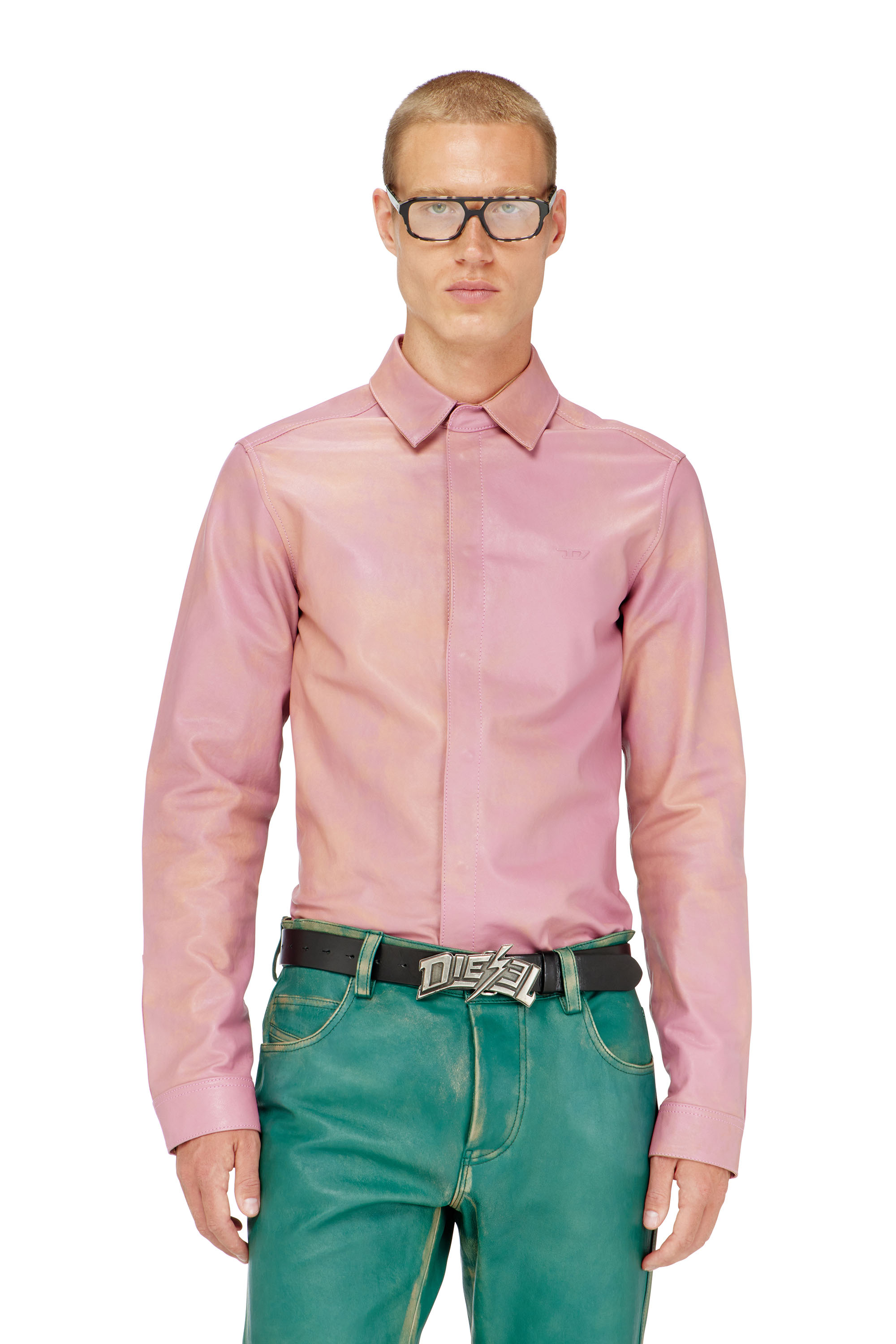 Diesel - S-CIRT, Chemise en cuir trait&eacute; Homme in Rose - 1