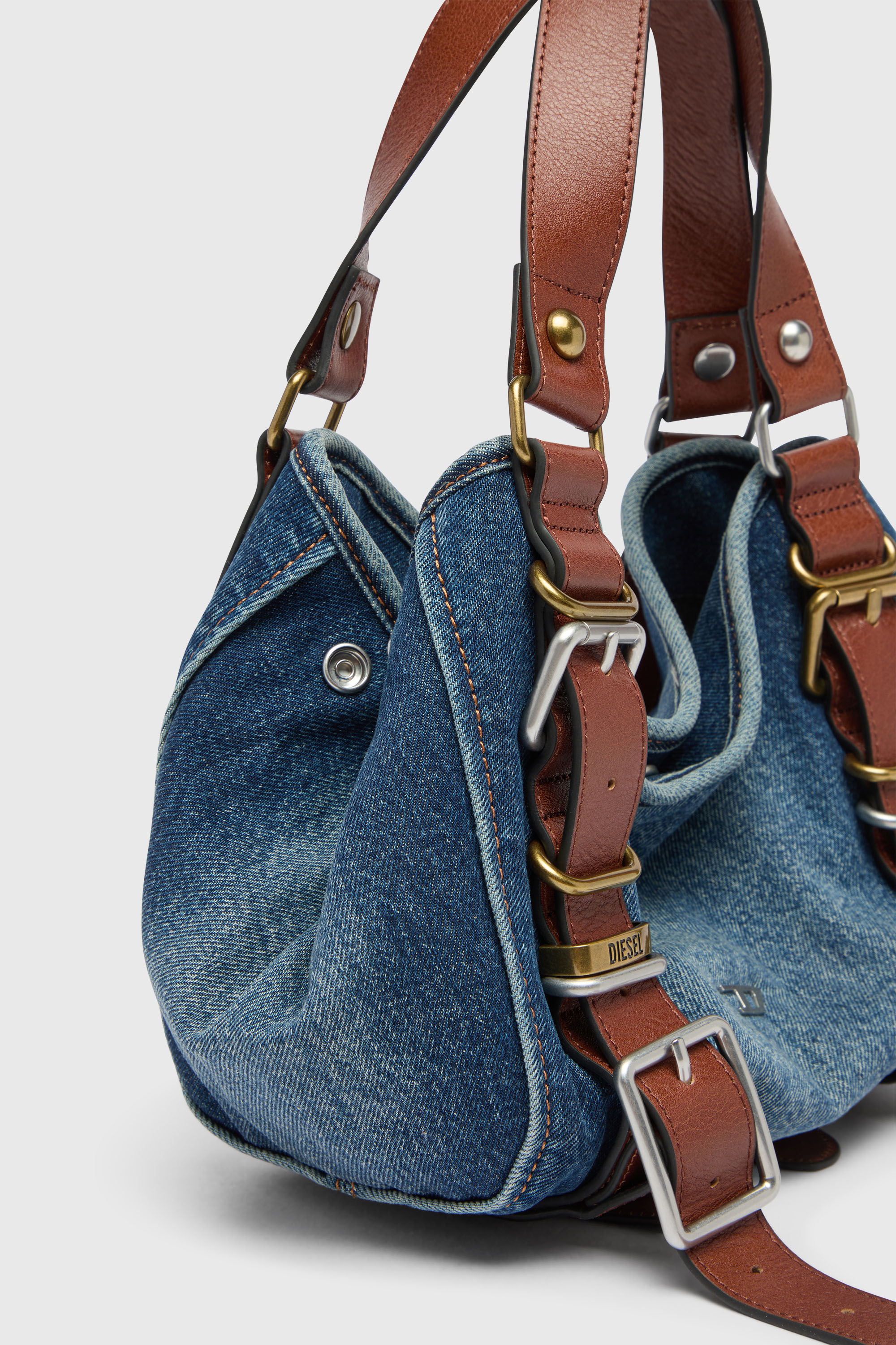 Diesel - D-ONE TOPHANDLE S, D-One-Small sac &agrave; poign&eacute;e en denim et cuir Femme in Bleu - 5