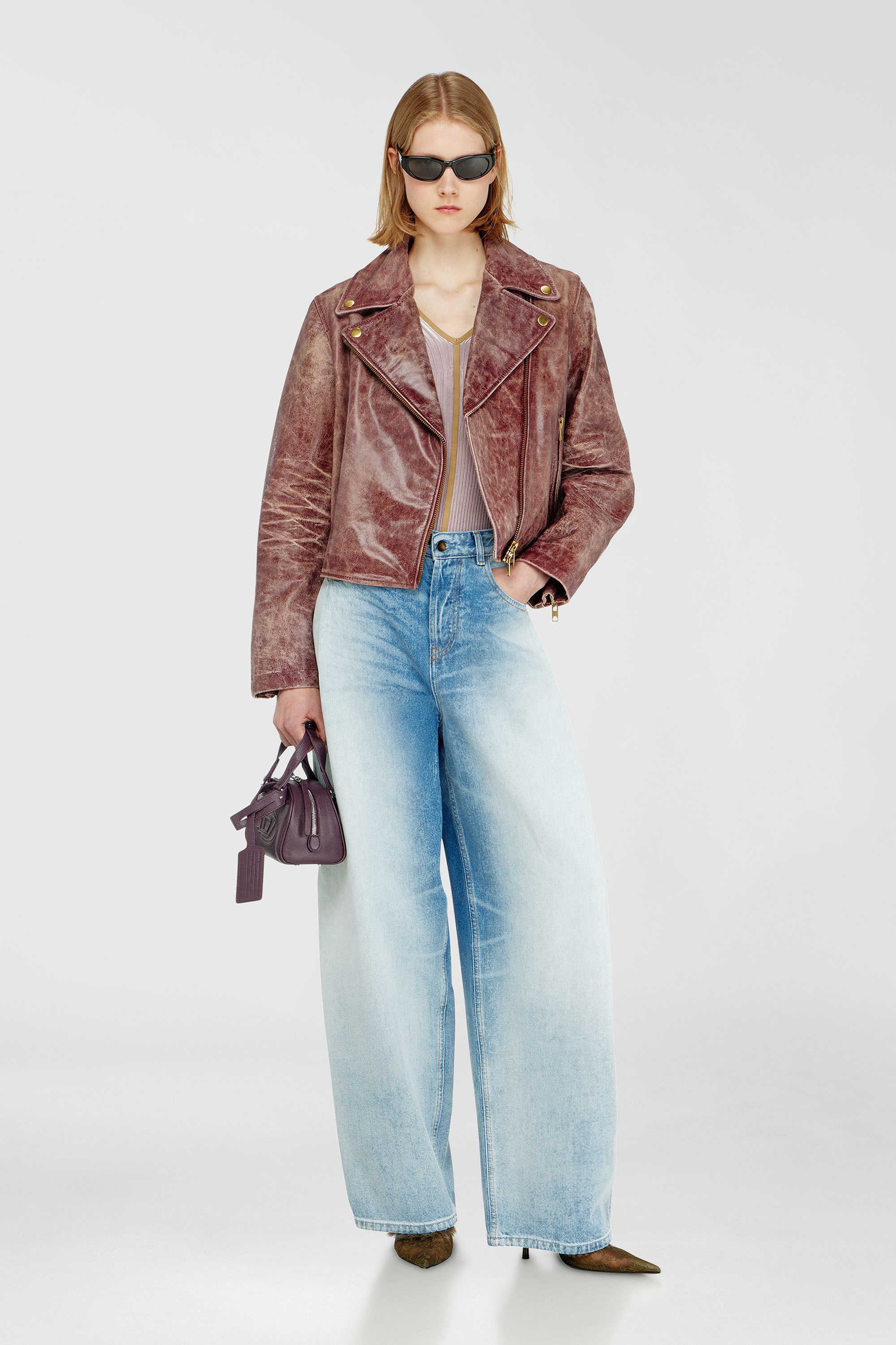 Diesel - L-UNATIC-T1, Veste biker en cuir trait&eacute; Femme in Rouge - 2