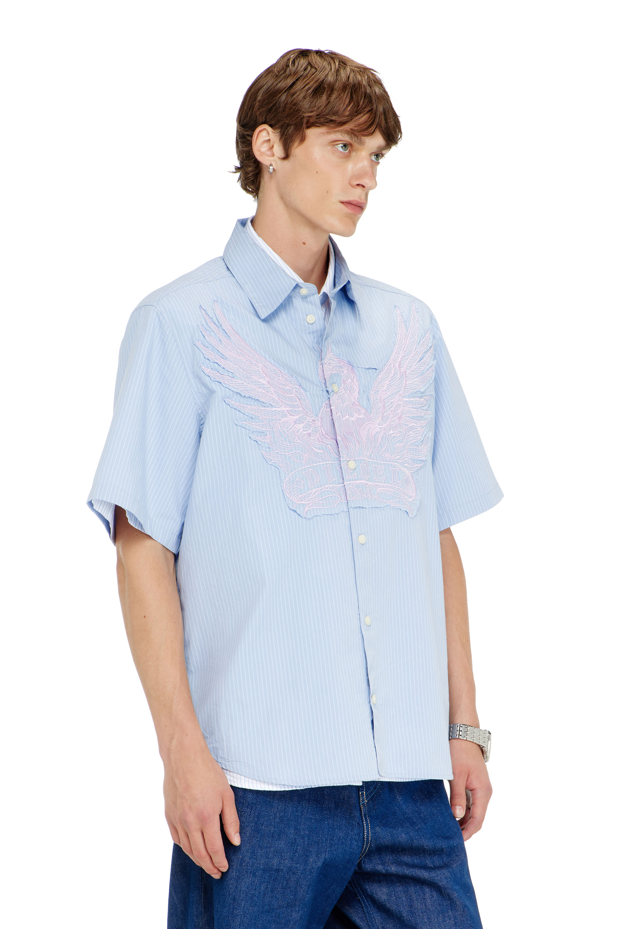 Diesel - S-SIMPLY-SS-AGCZ, Chemise en popeline ray&eacute;e avec patch brod&eacute; Homme in Bleu - 1