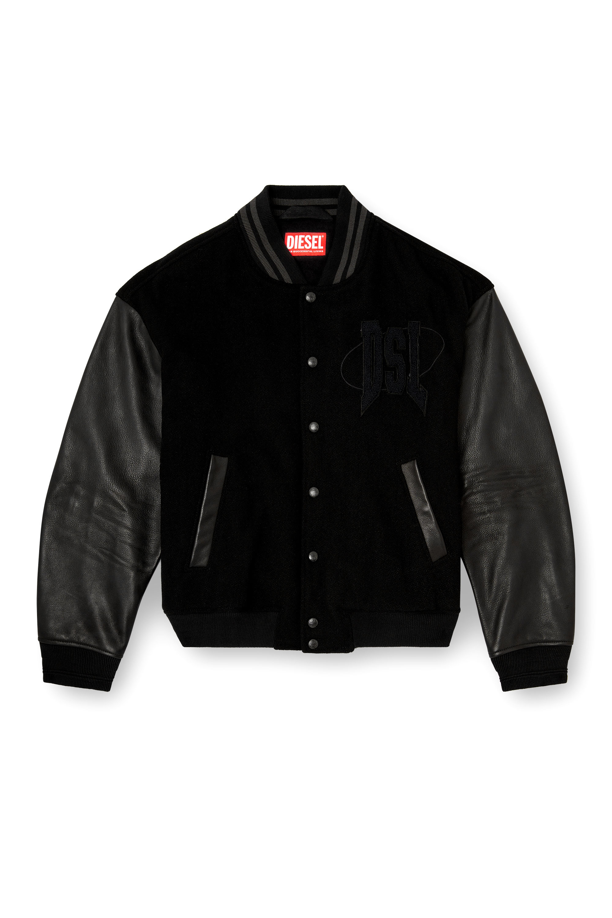 Diesel - L-NYMAN, Veste bomber style universitaire en coton et cuir Homme in Noir - 3
