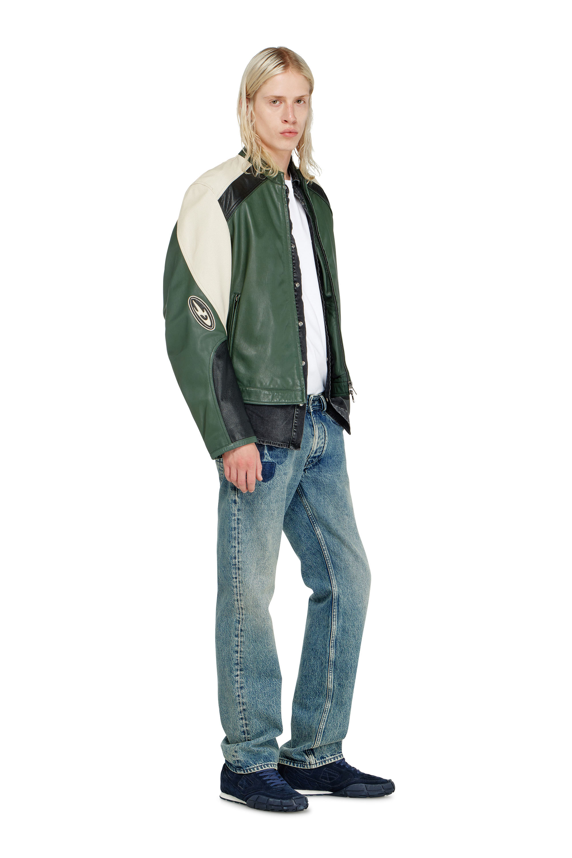 Diesel - L-AHTI, Man's Biker jacket in colour-block perforated leather in null - 1