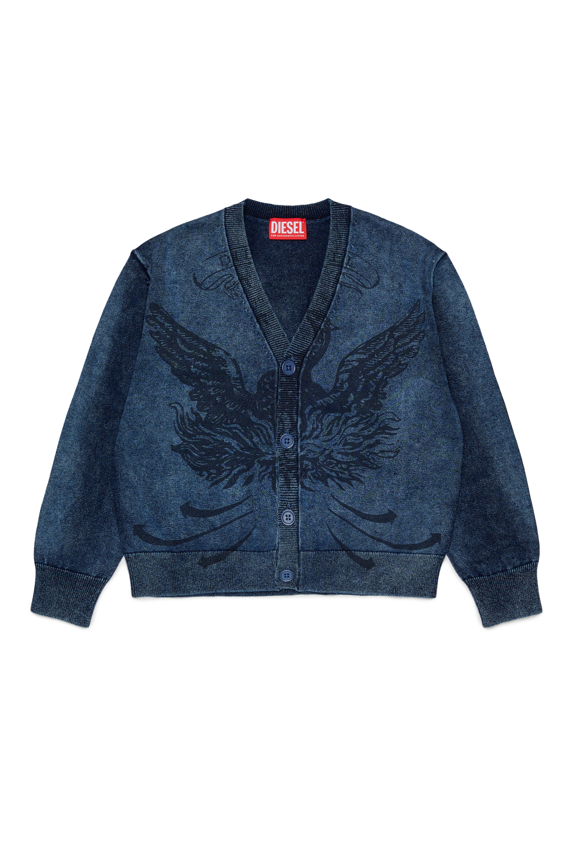 Diesel - KFINNIC CARDIGAN OVER, Cardigan effet denim avec motif ph&eacute;nix Homme in Bleu - 1