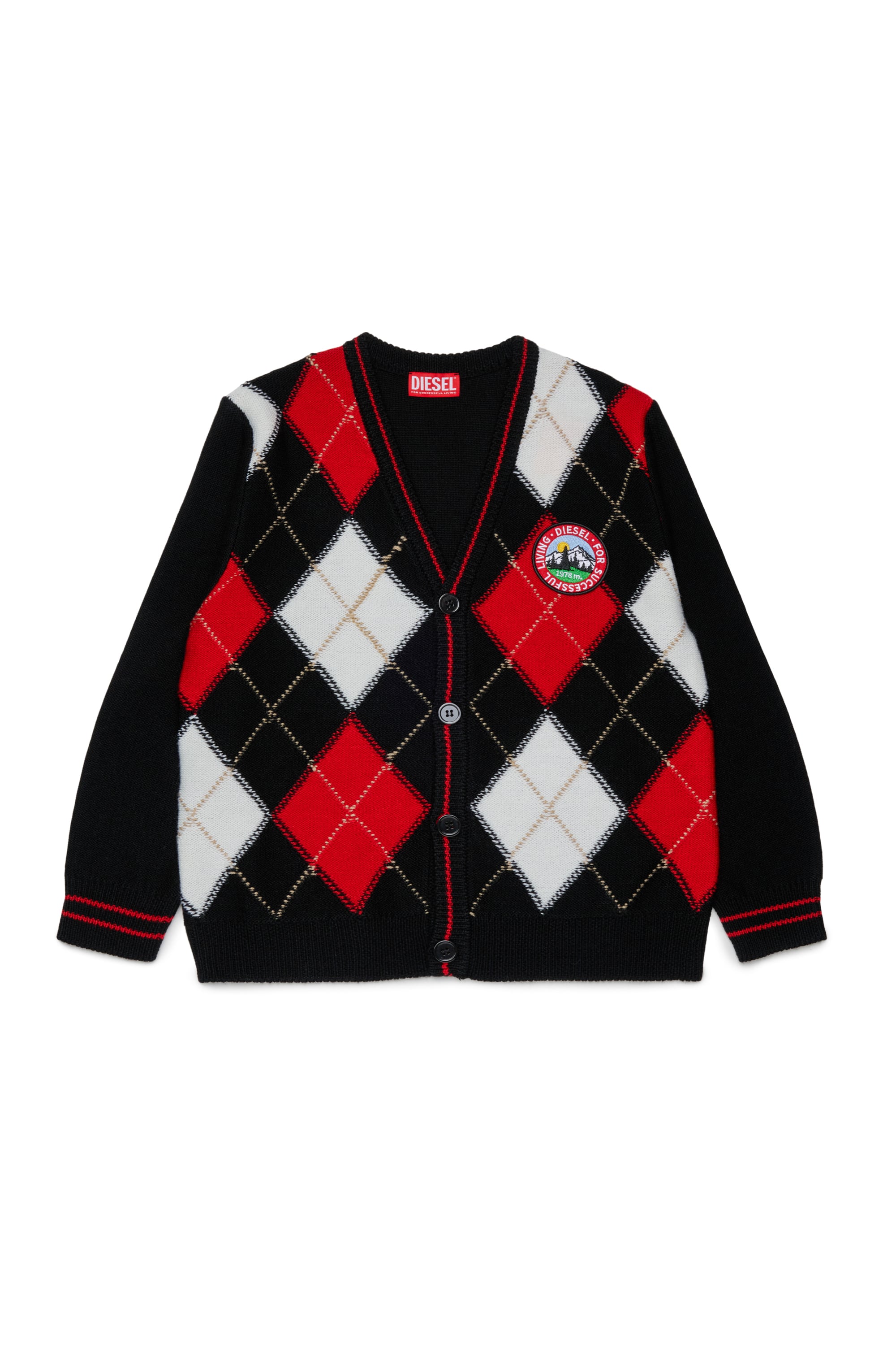 Diesel - KROMYCARDIGAN OVER, Cardigan en laine m&eacute;lang&eacute;e &agrave; motif argyle Mixte in Noir - 1