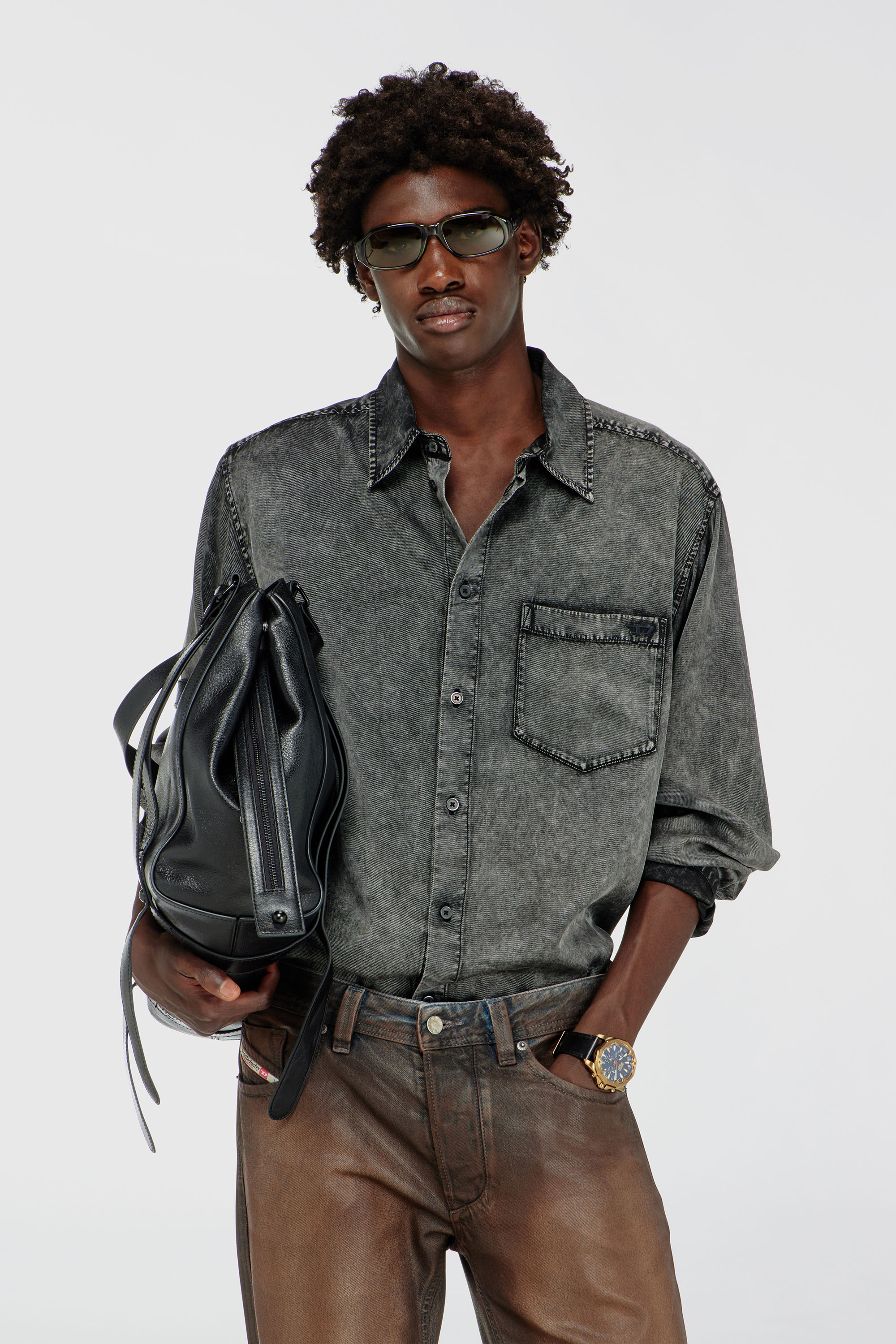 Diesel - S-SIMPLY-NIBC, Chemise fluide en viscose effet denim Homme in Noir - 1