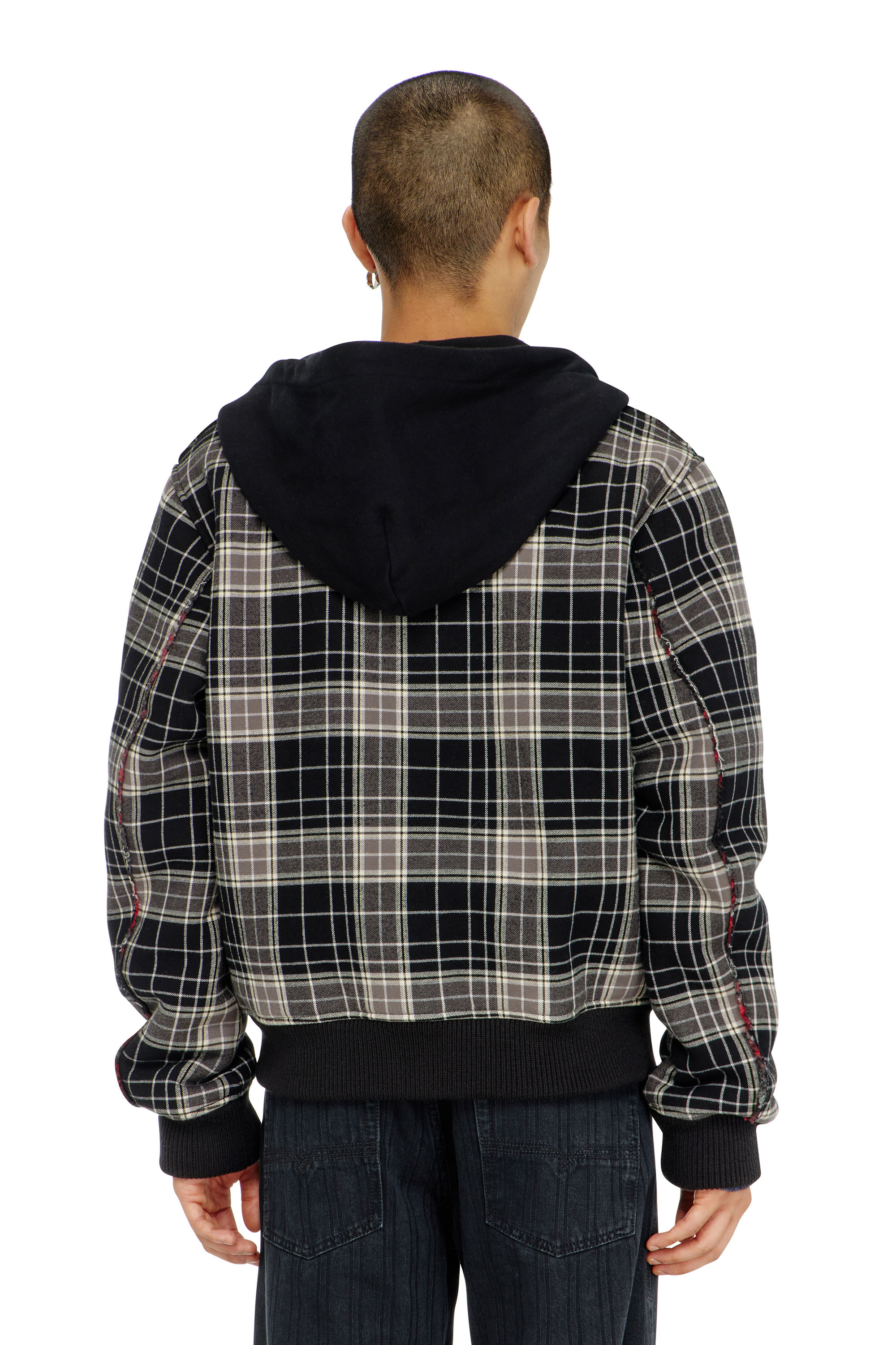Diesel - W-KUNST, Man's Check-flannel bomber jacket with teddy interior in Grey/Black - 4