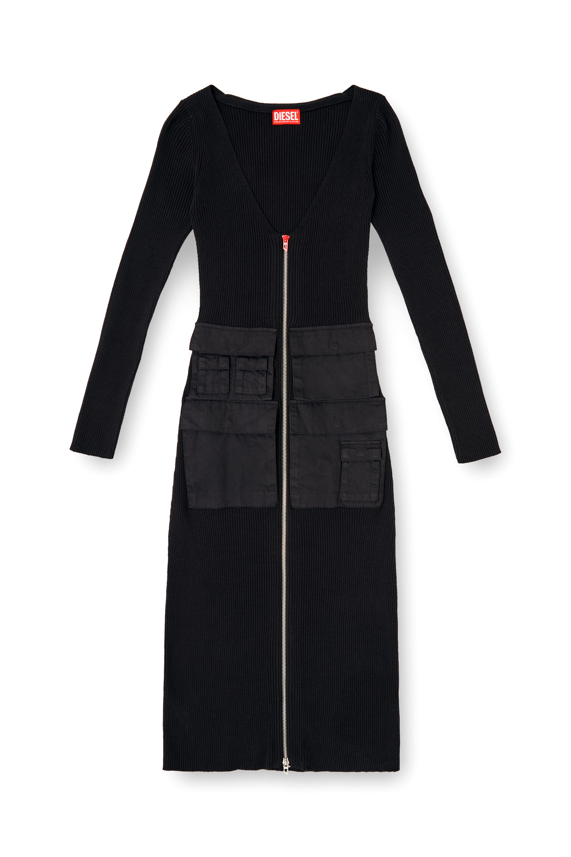 Diesel - M-MELTI-LS, Woman's Ribbed midi dress with cargo pockets in Black - 2