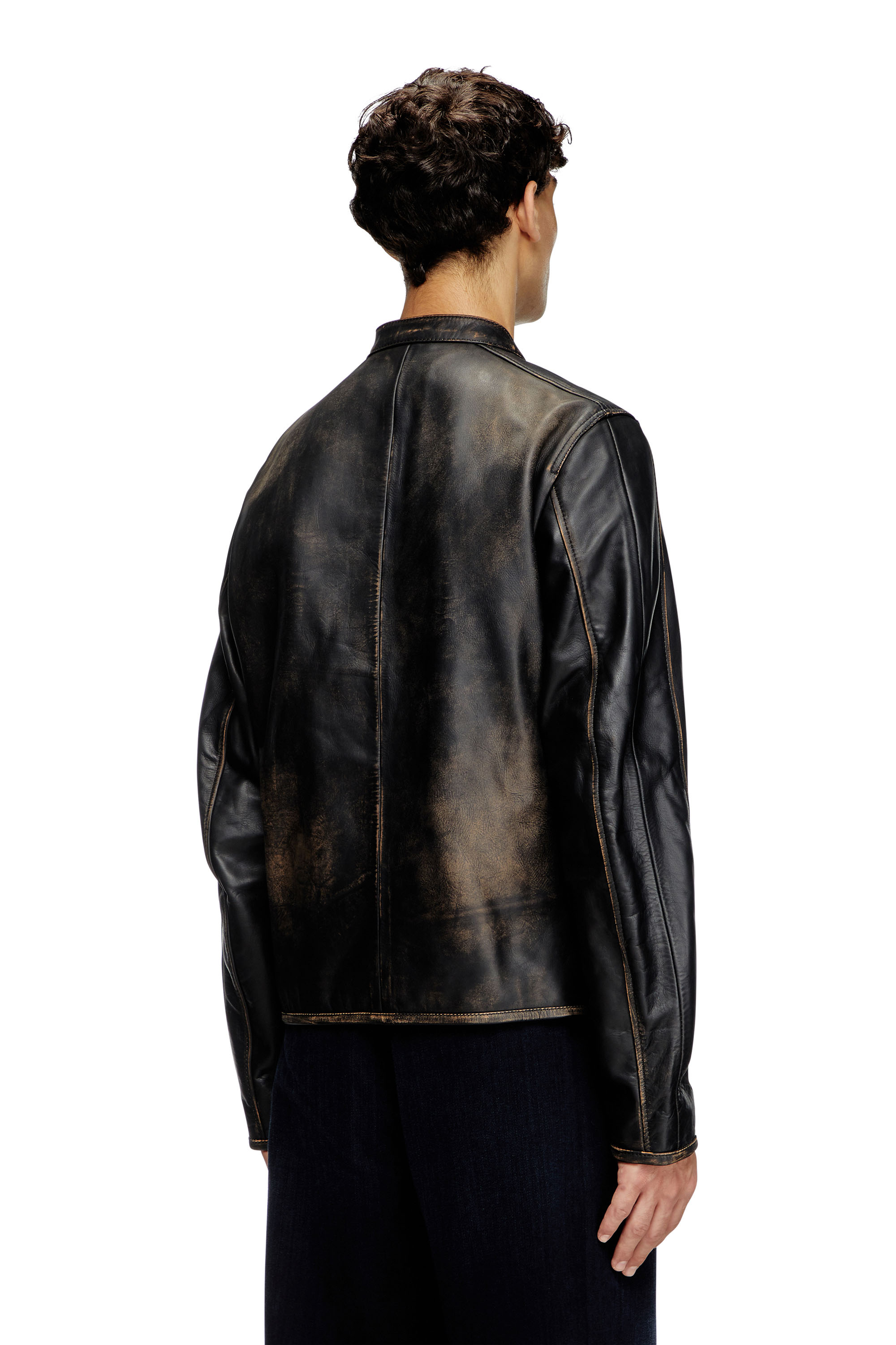 Diesel - L-MET-A, Man's Leather biker jacket with distressed logo in Black/Brown - 2