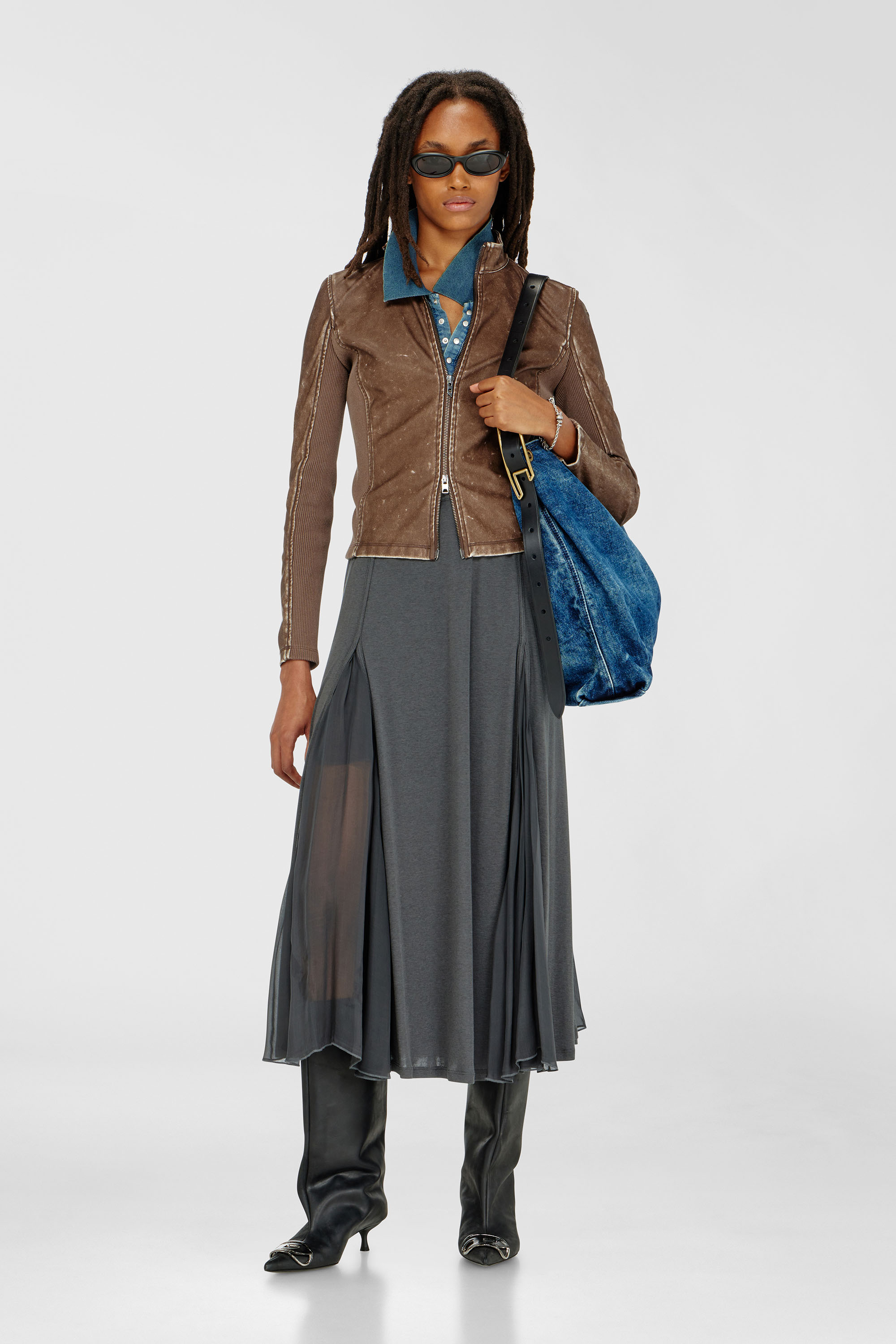 Diesel - O-LONGREI, Jupe midi en jersey c&ocirc;tel&eacute; et chiffon Femme in Gris - 1