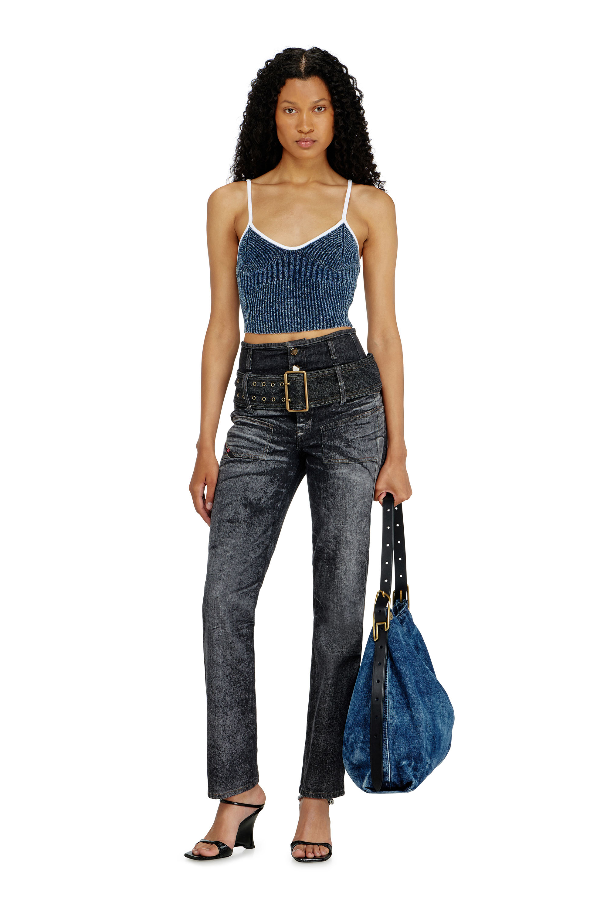 Diesel - M-ESTERE, Crop top en maille c&ocirc;tel&eacute;e indigo boucl&eacute; Femme in Polychrome - 1