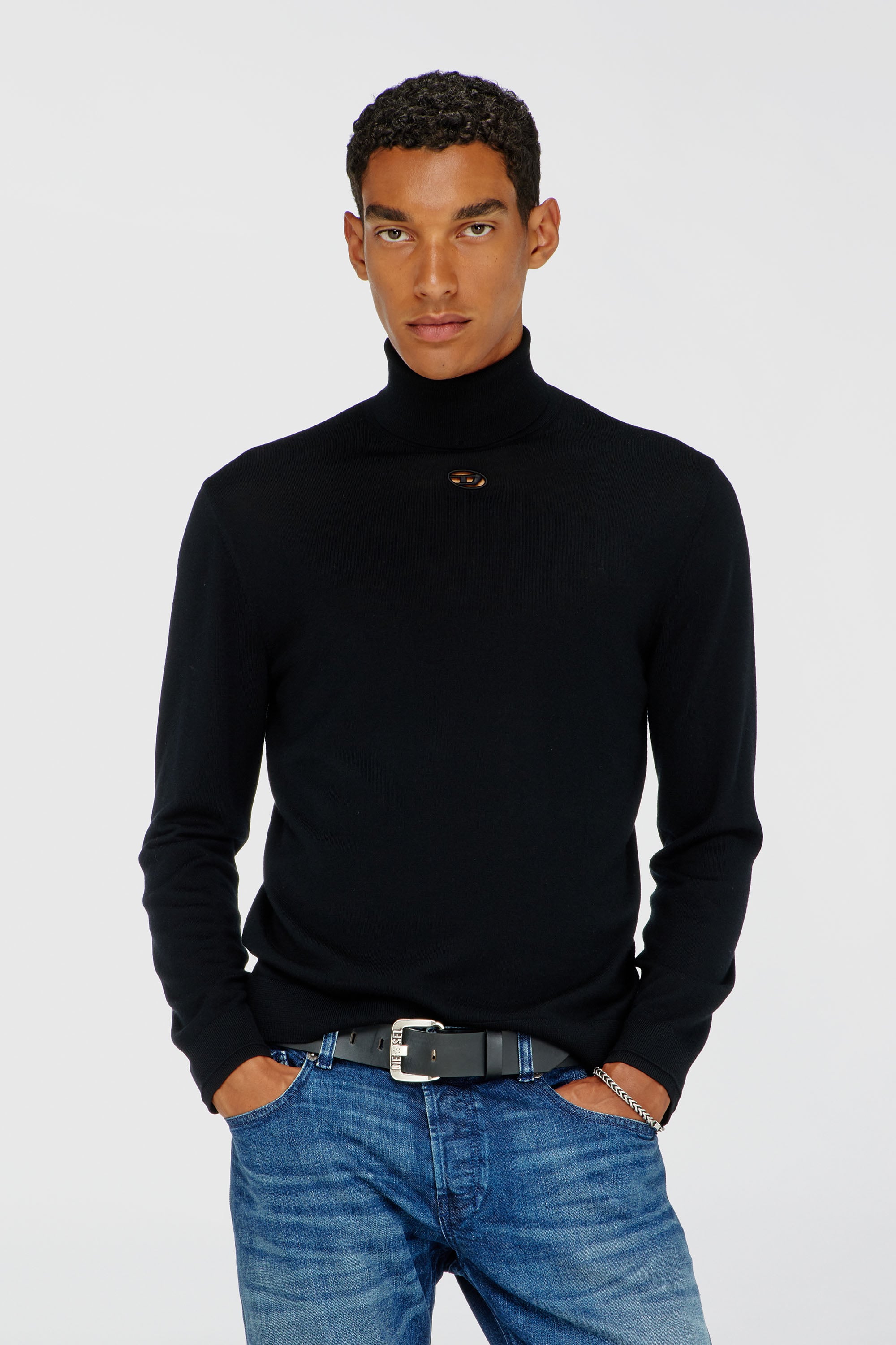 Diesel - K-VARTA, Man's Wool turtleneck jumper with cut-out logo in Black - 1