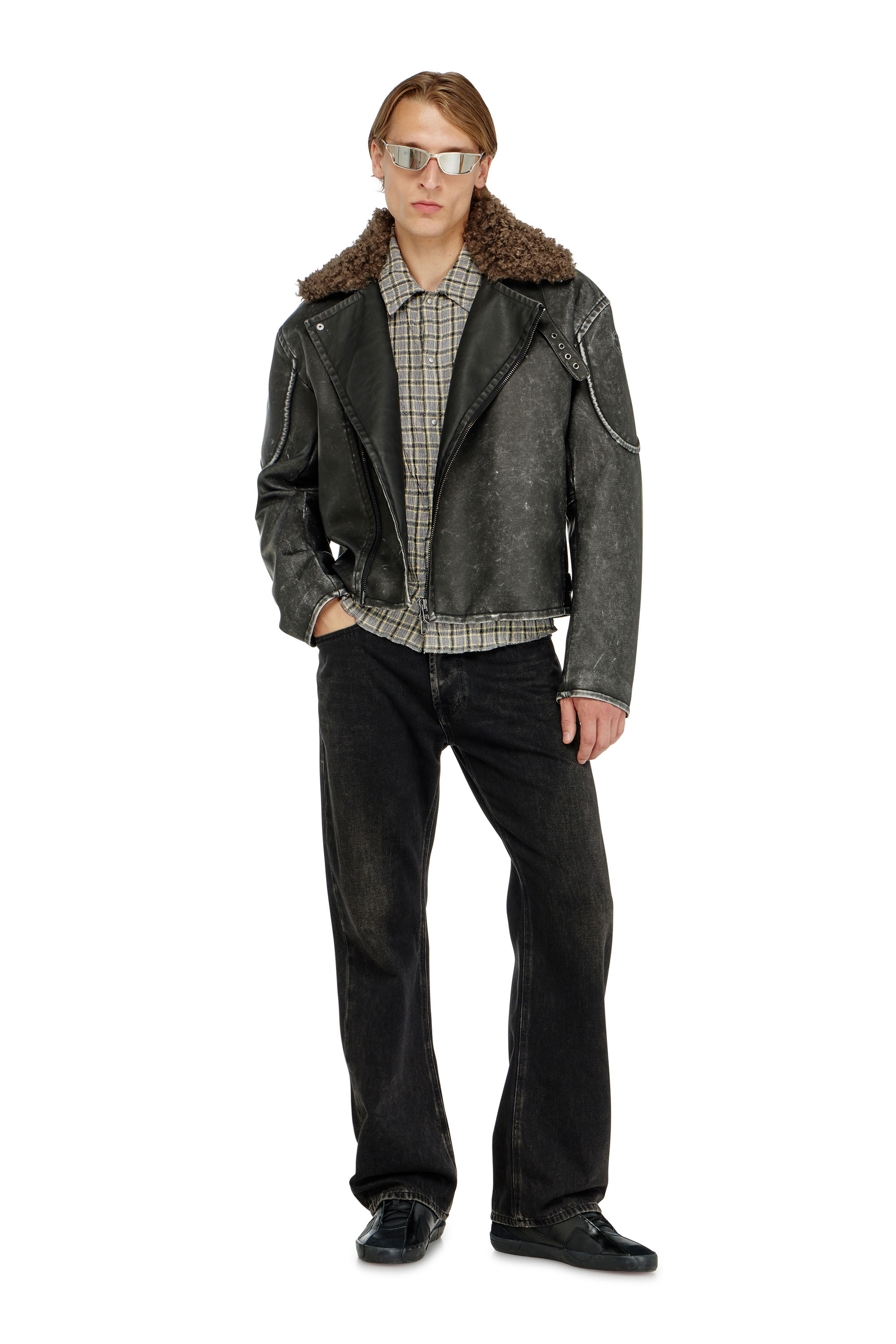 Diesel - W-ALEX, Veste biker avec col amovible Homme in Gris - 2