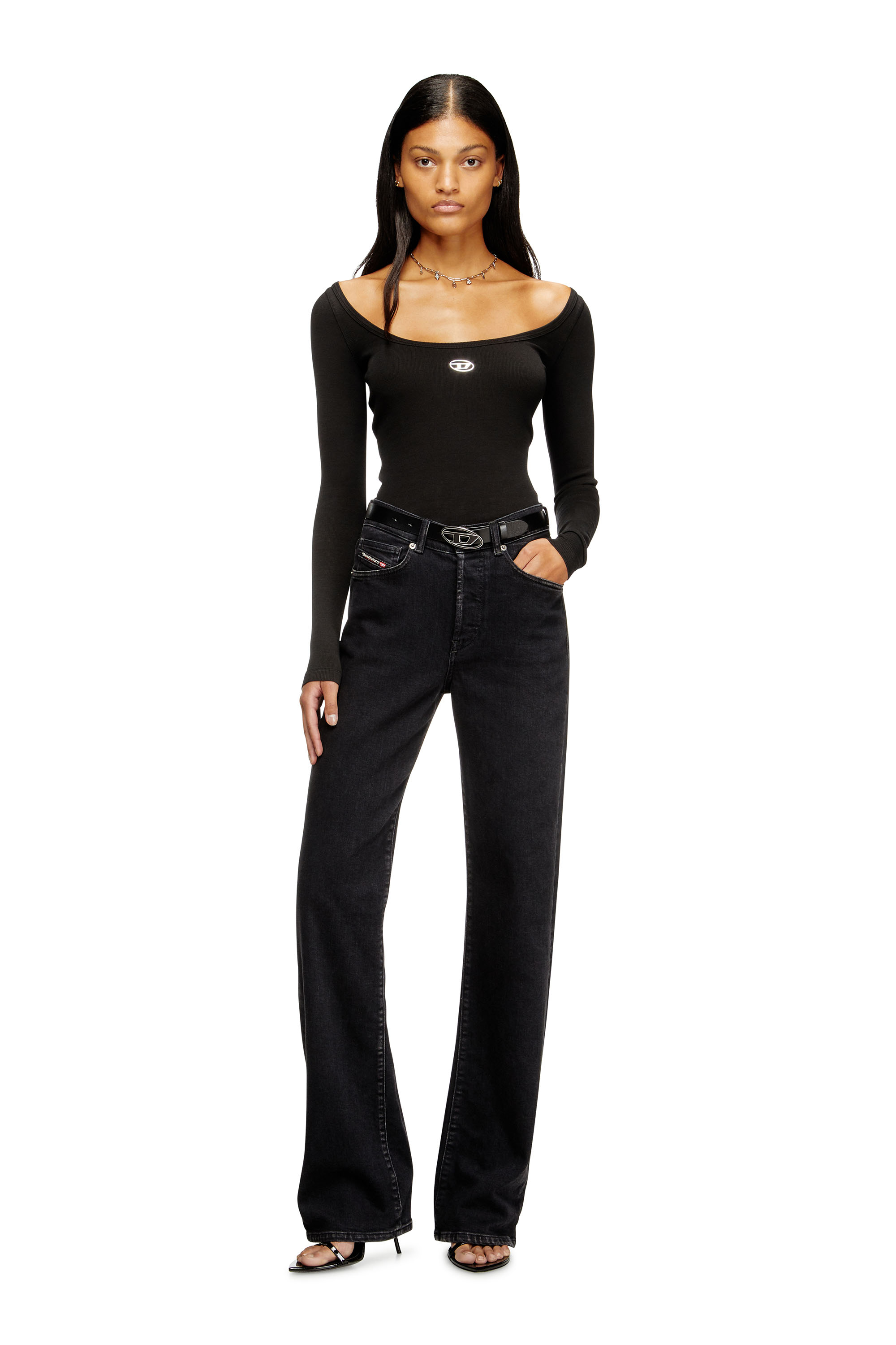 Diesel - T-BAL-OD, Haut à manches longues côtelé avec Oval D métallique Femme in Noir - 1