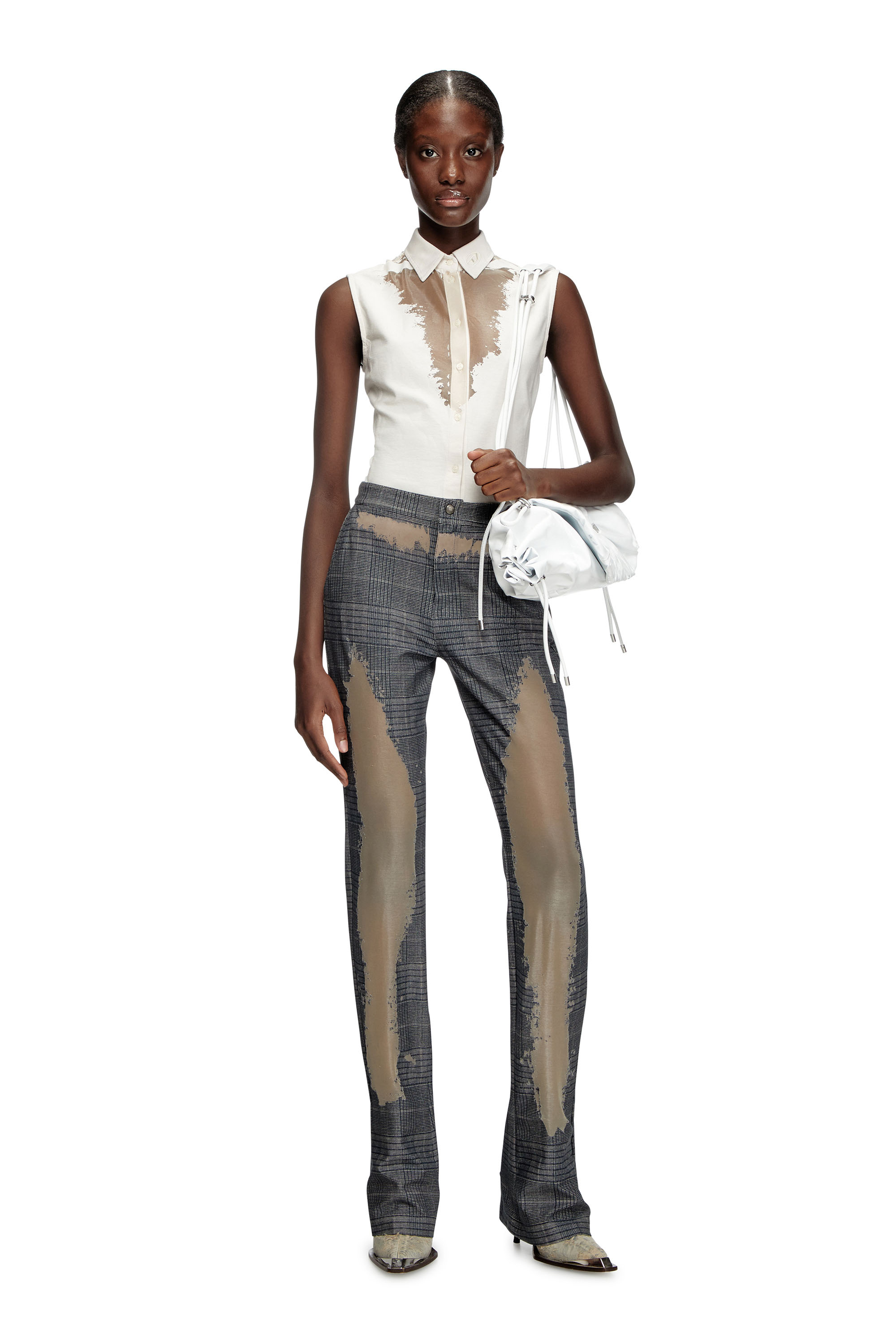 Diesel - P-MINERAL-P2, Pantalon à carreaux avec effet taches de sueur dévoré Femme in Gris - 1